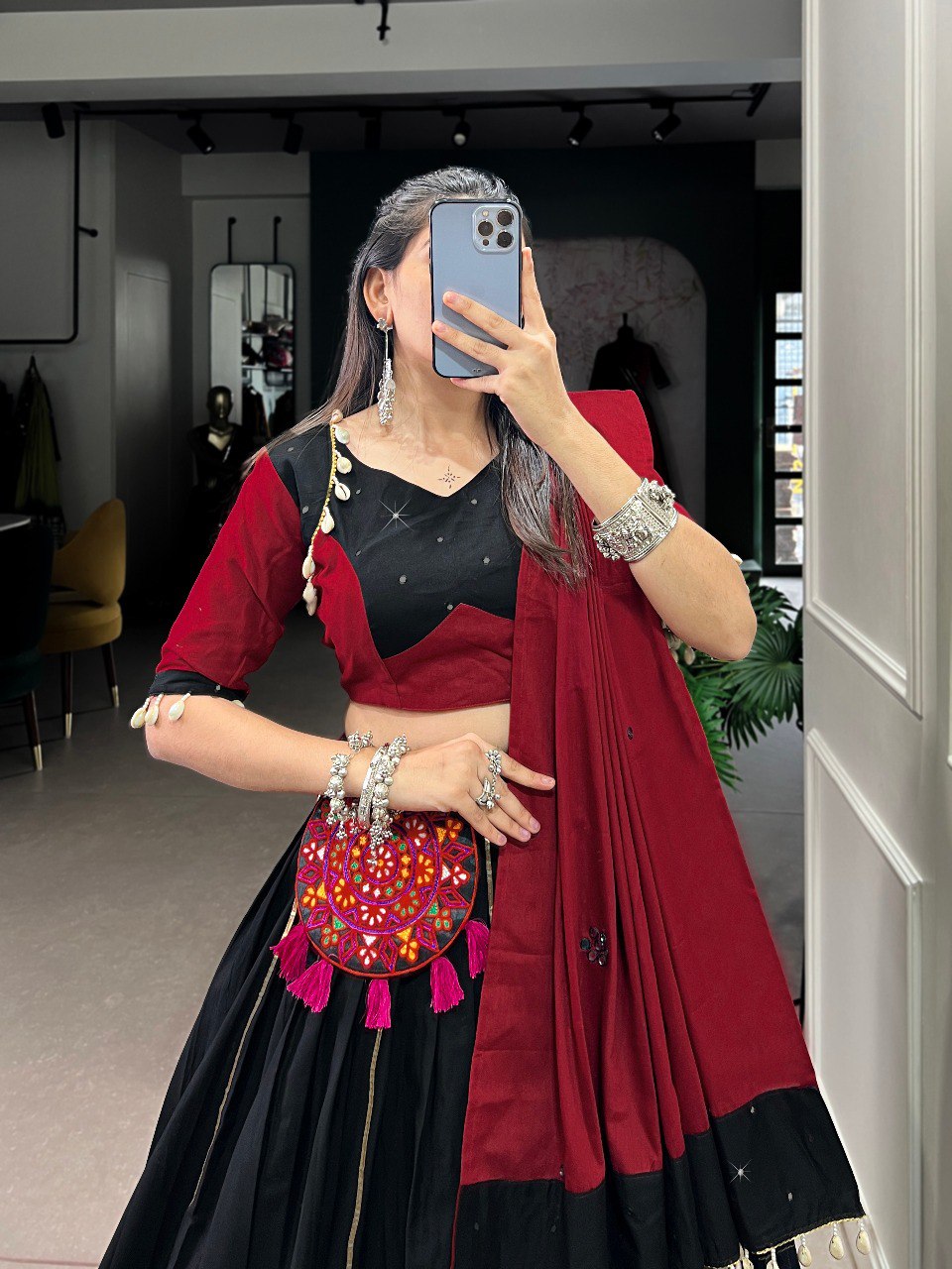 Lorenvalley Pure Black Cotton Plain And Gamthi Patch Work With Gota Patti Lehenga Choli with Dupatta