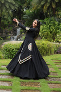 Lorenvalley Black Rayon Fabric With Kutchi Gamthi Lace Gown