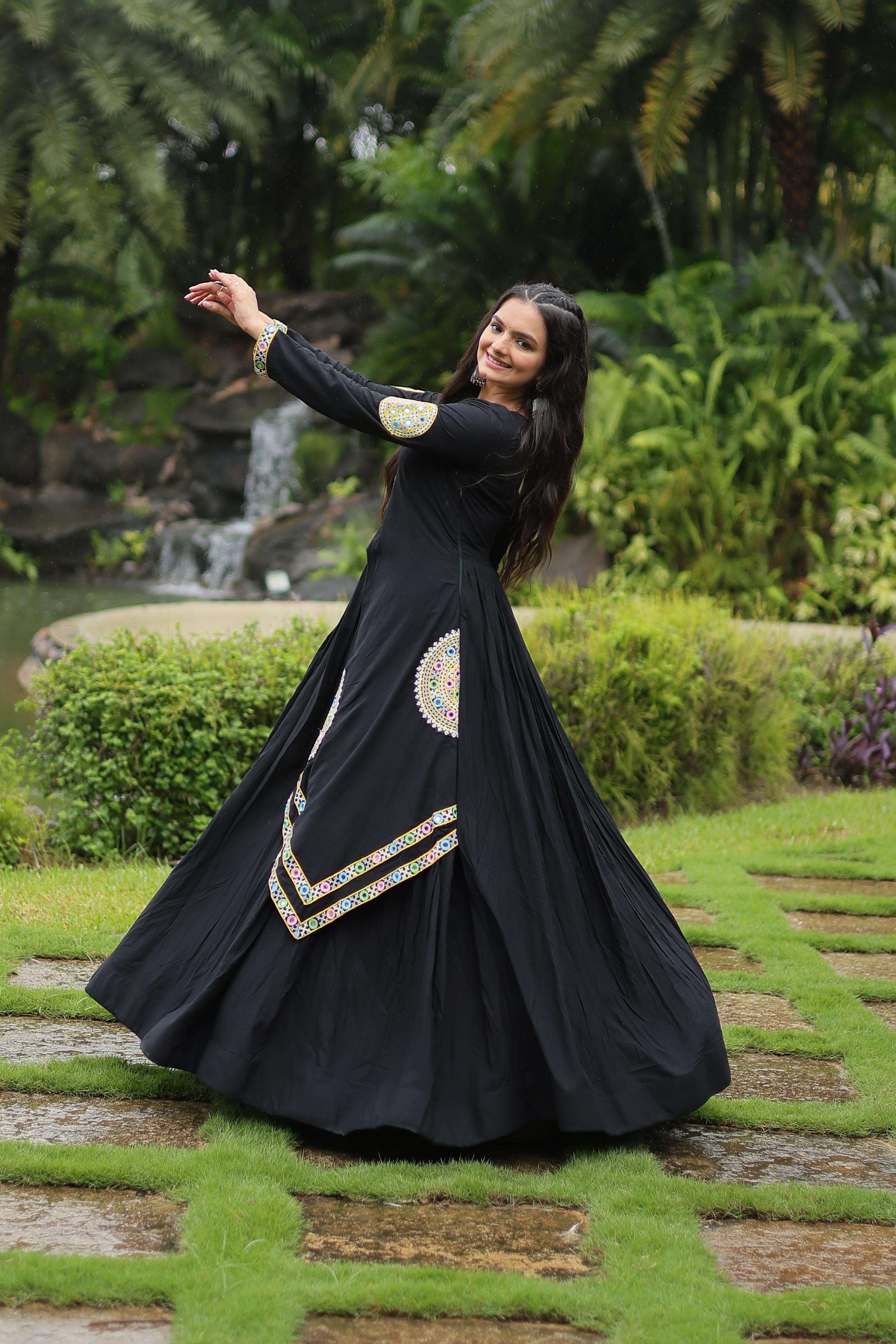 Lorenvalley Black Rayon Fabric With Kutchi Gamthi Lace Gown