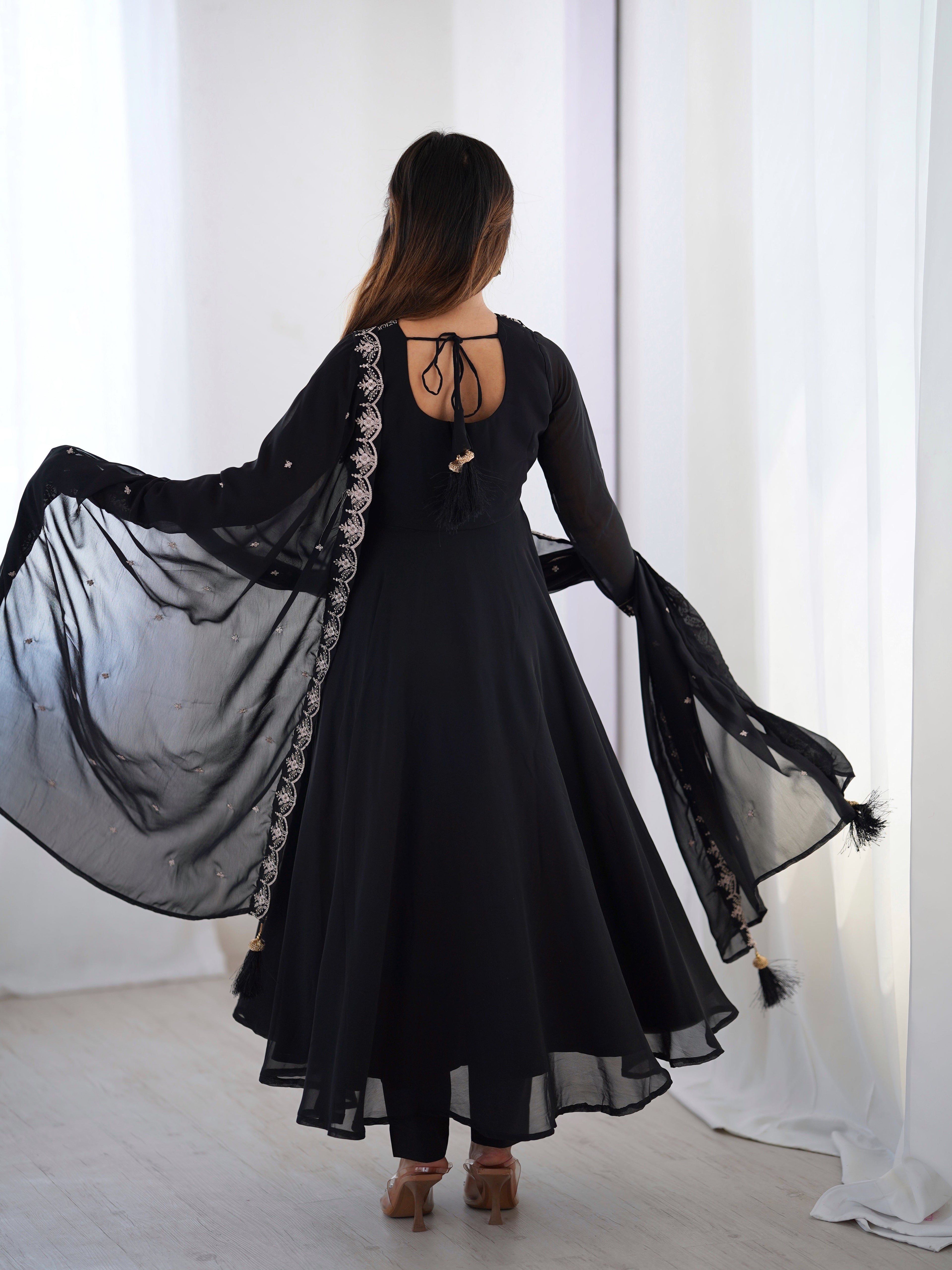 Lorenvalley Black Faux Georgette Fancy Embroidery Beads And Jari Work Anarkali Kurta Palazzo With Dupatta Set
