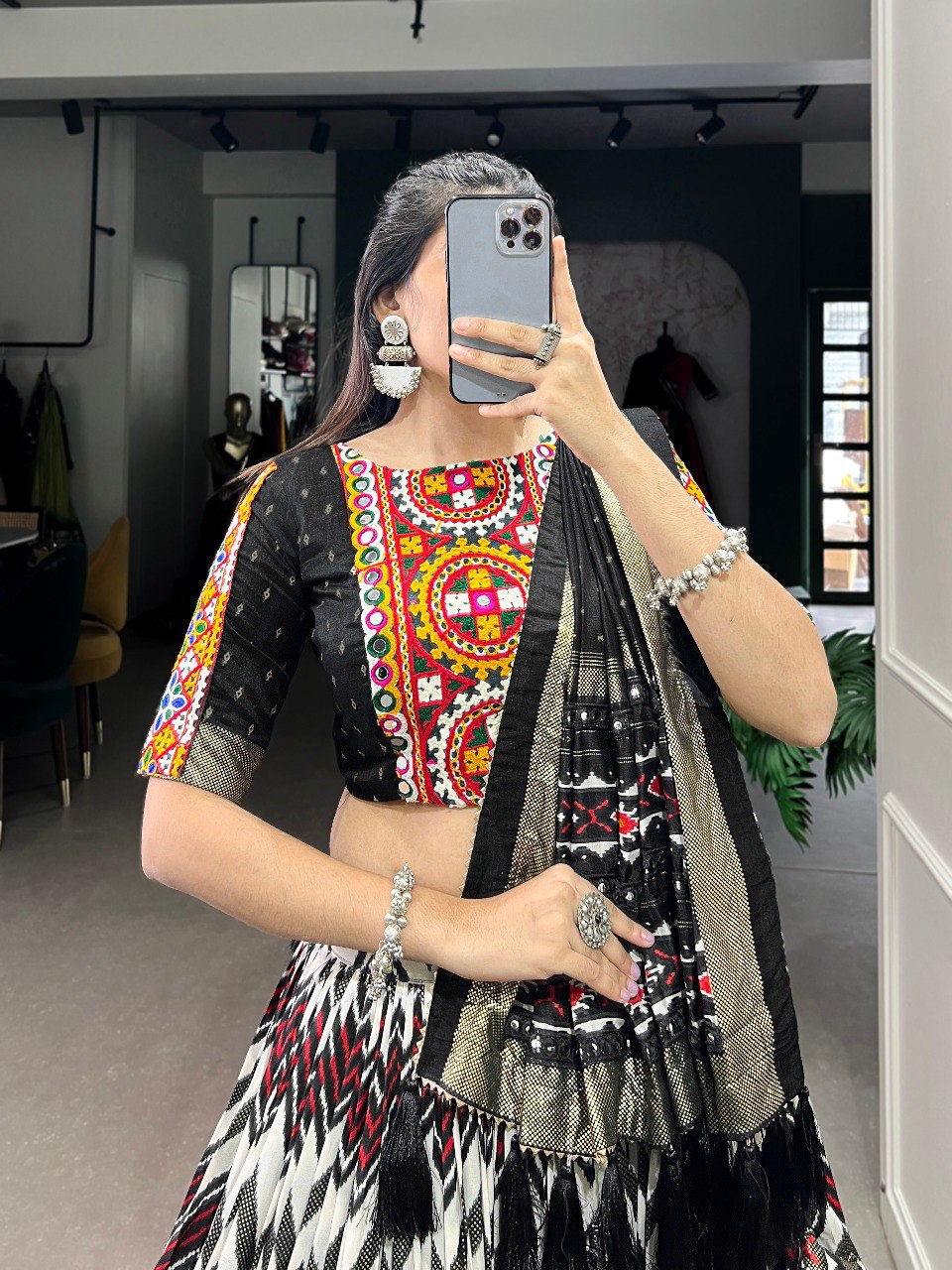 Lorenvalley Black Tussar Silk Leheriya Print with Foil Print and Paper Mirror Work Lace Lehenga Choli with Dupatta