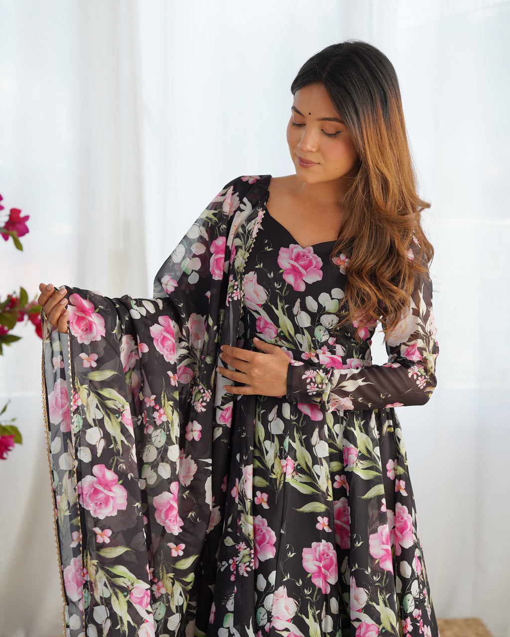 Lorenvalley Soft Organza Silk With Floral Print Fully Flared Anarkali Pant With Dupatta Set - Black
