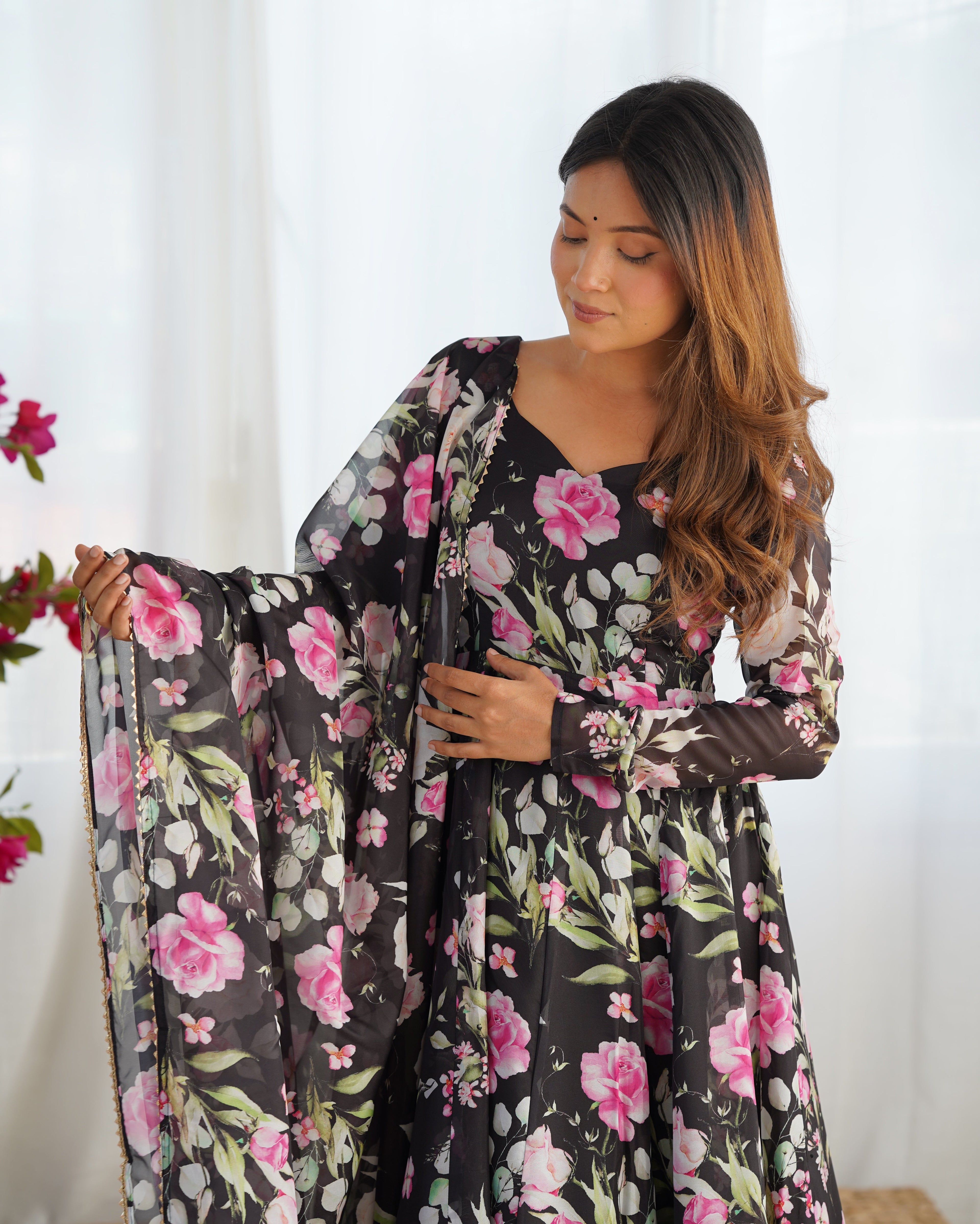 Lorenvalley Soft Organza Silk With Floral Print Fully Flared Anarkali Pant With Dupatta Set - Black