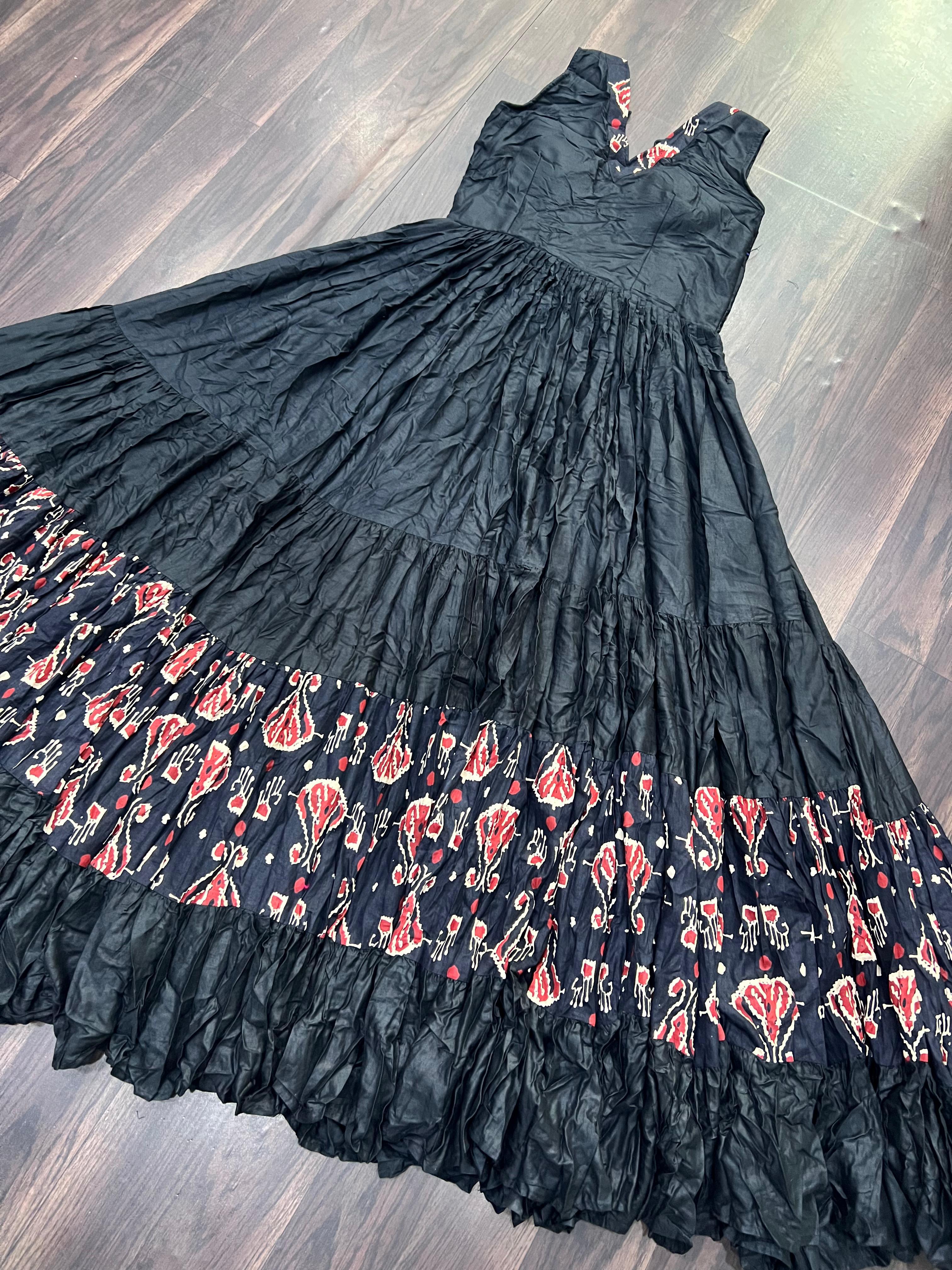 Lorenvalley Black Rayon Fabric with Printed Attached In Frill And Neck Gown