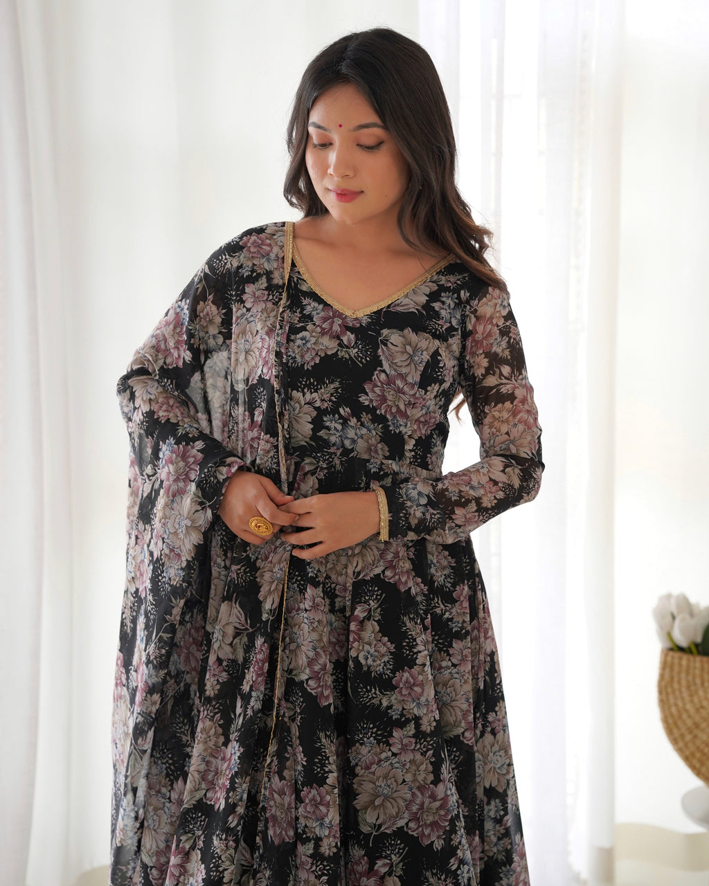 Lorenvalley Pure Faux Georgette Multi Floral Print Fully Flared Anarkali Pant With Dupatta Set - Black
