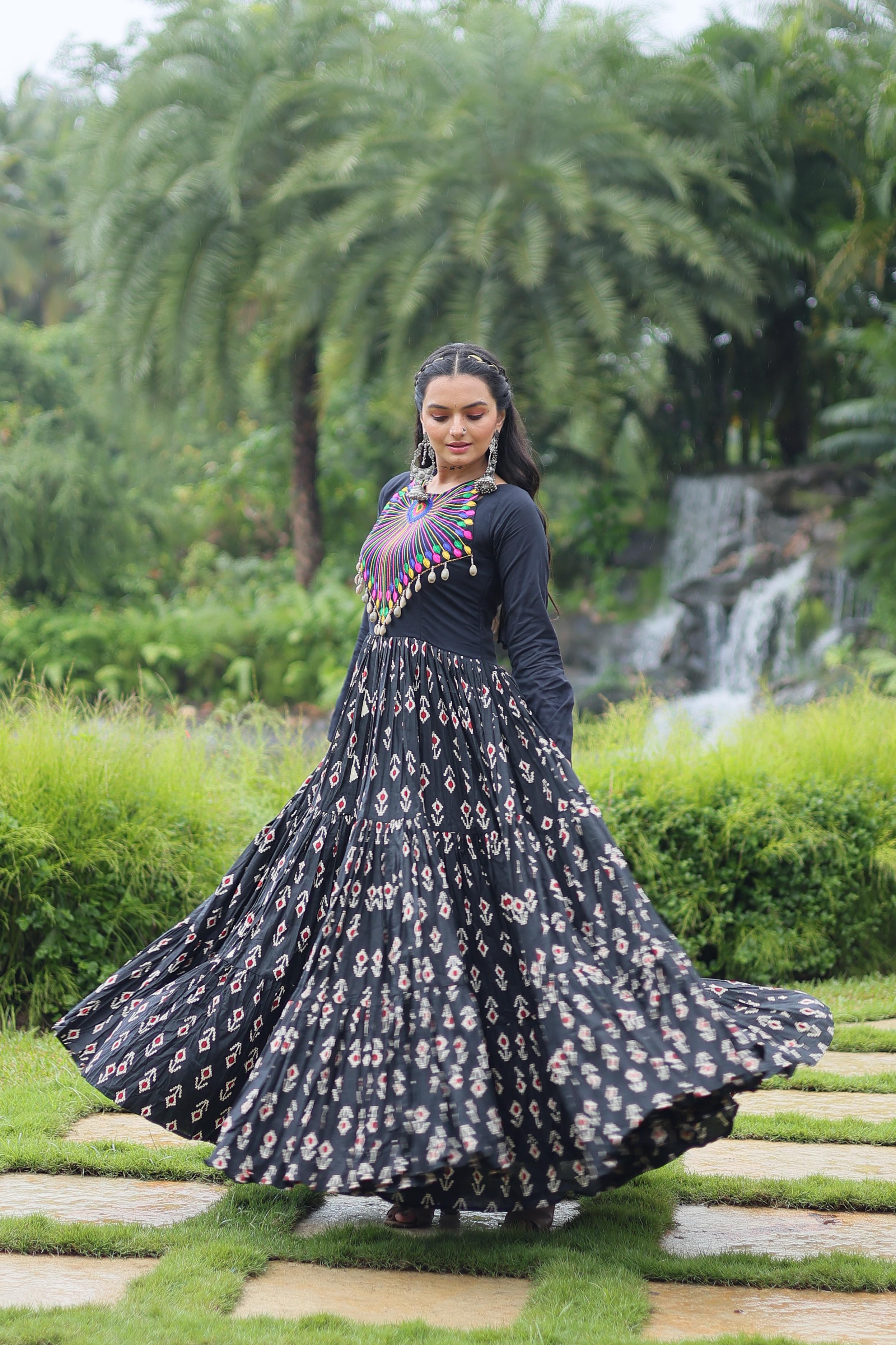 Lorenvalley Black Cotton Printed With Kutchi Gamthi Work and Kodi Lace Gown