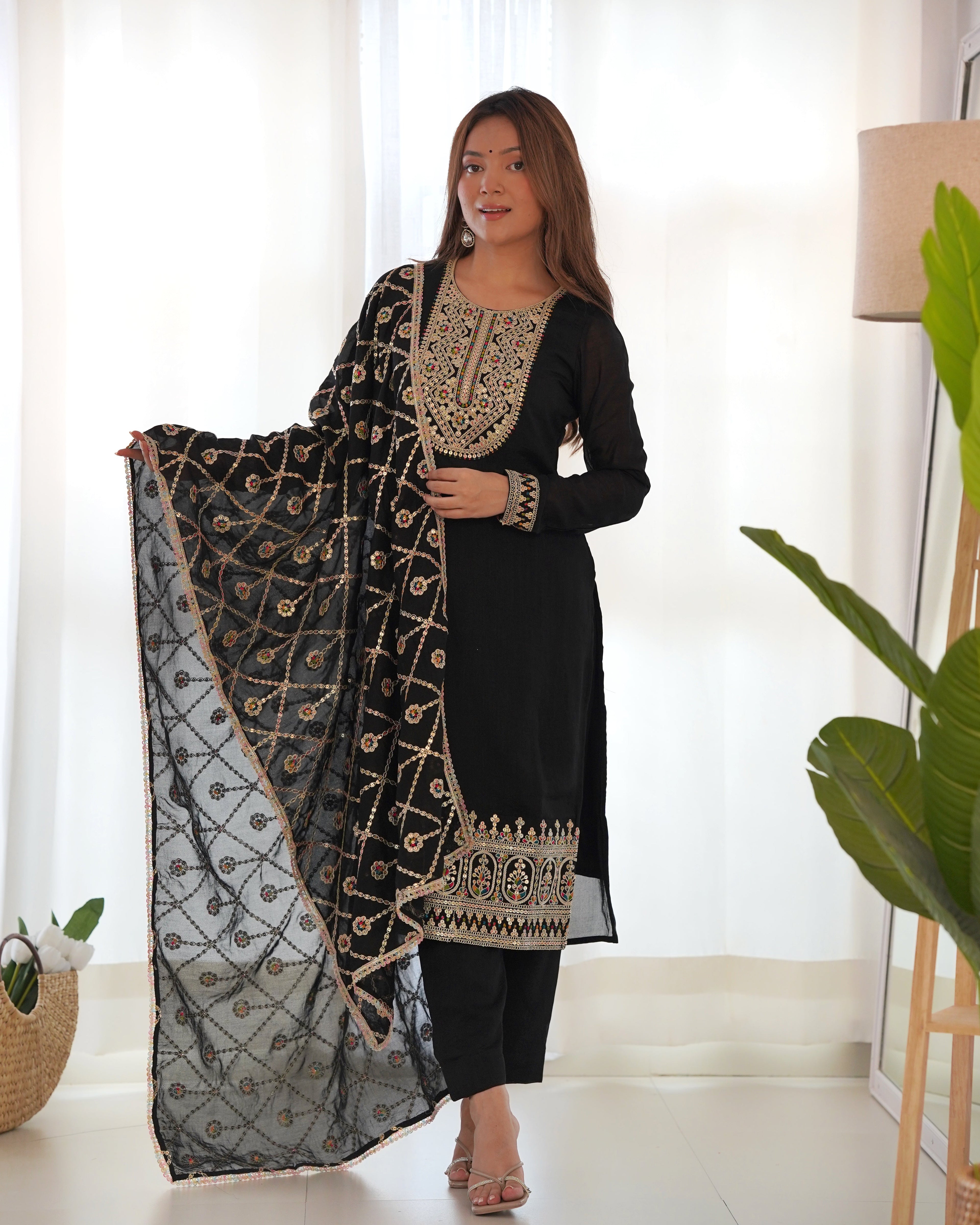 Lorenvalley Black Vichitra Silk Embroidery Sequence and Dori Thread Work Kurta Trousers with Dupatta Set