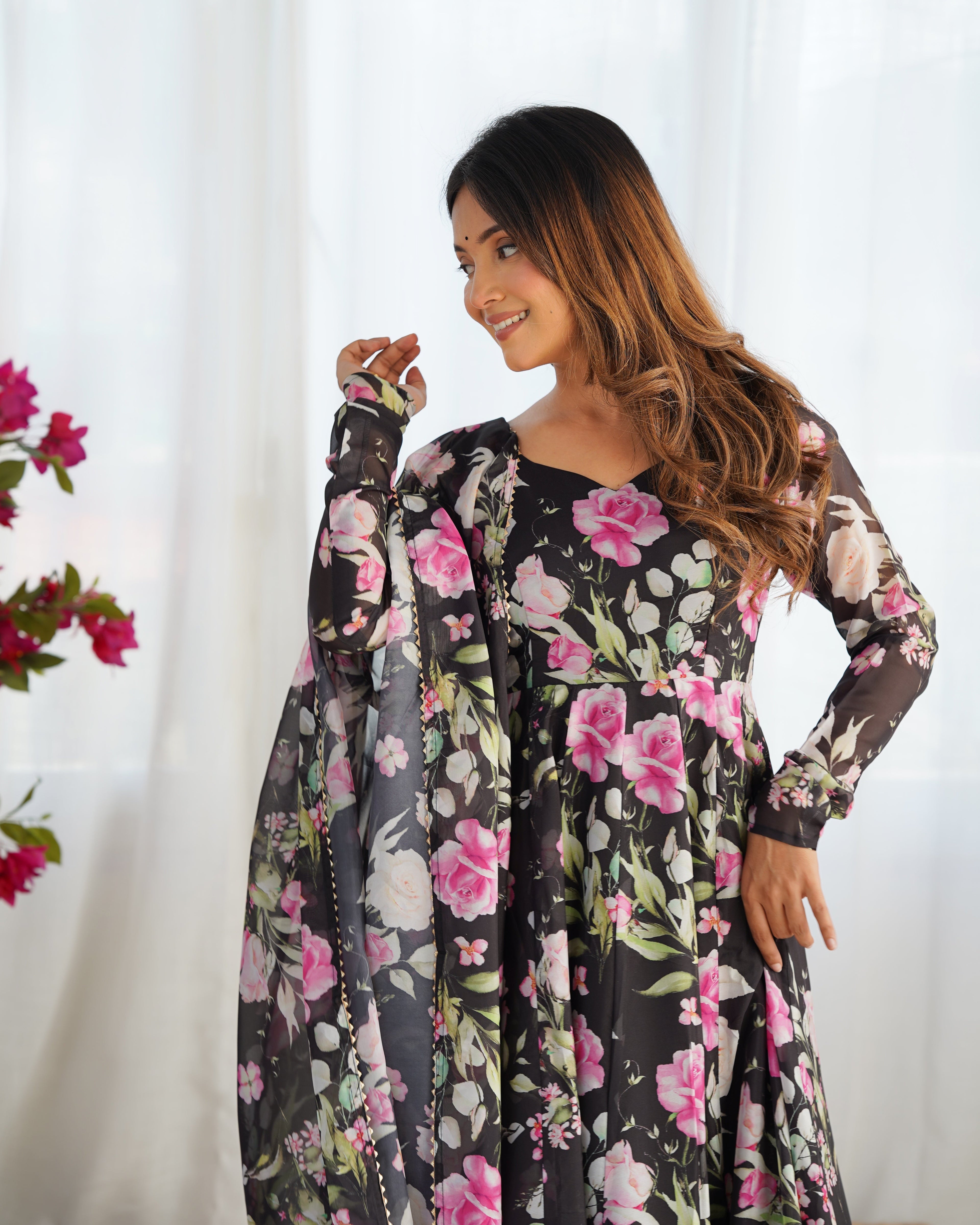 Lorenvalley Soft Organza Silk With Floral Print Fully Flared Anarkali Pant With Dupatta Set - Black