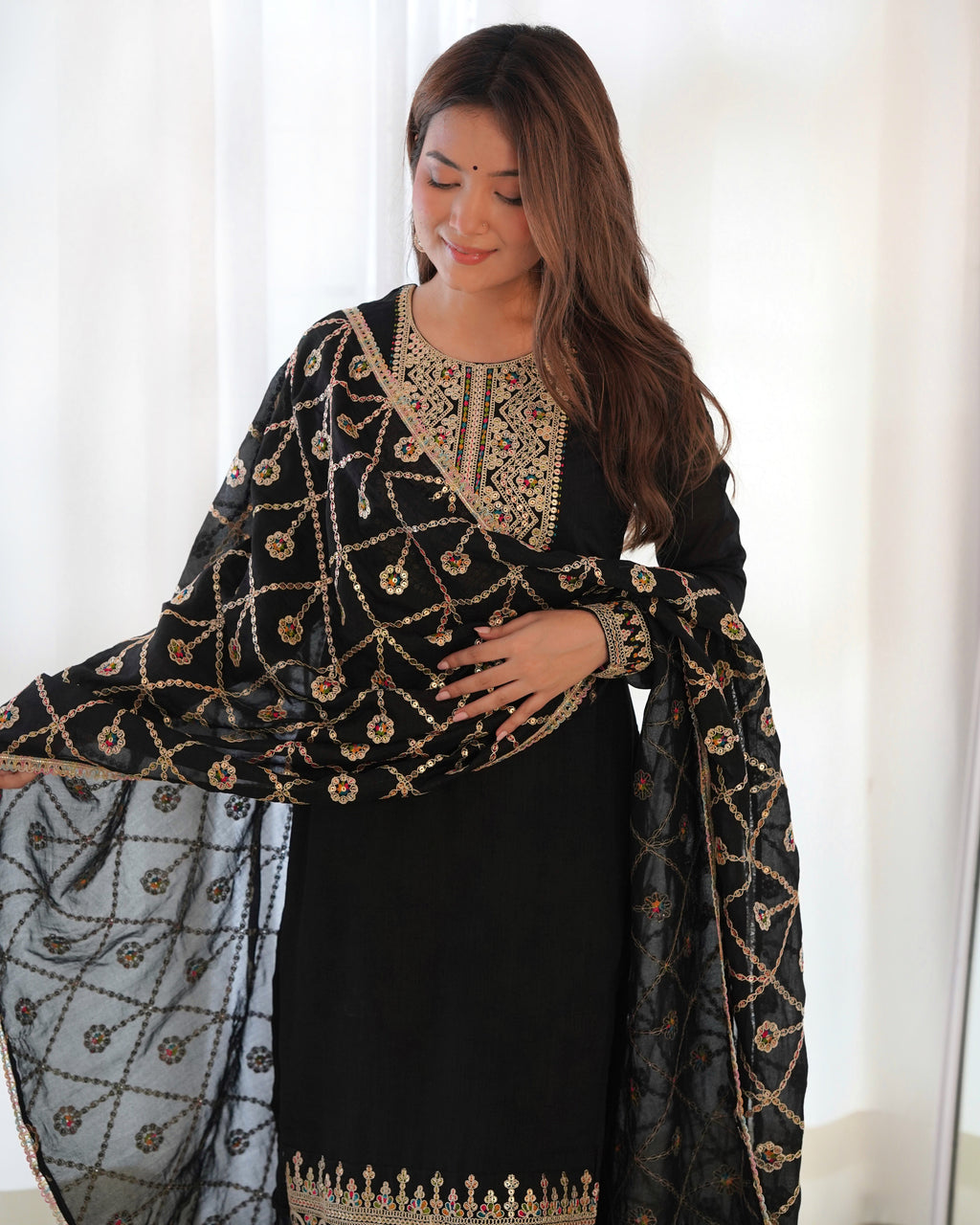 Lorenvalley Black Vichitra Silk Embroidery Sequence and Dori Thread Work Kurta Trousers with Dupatta Set
