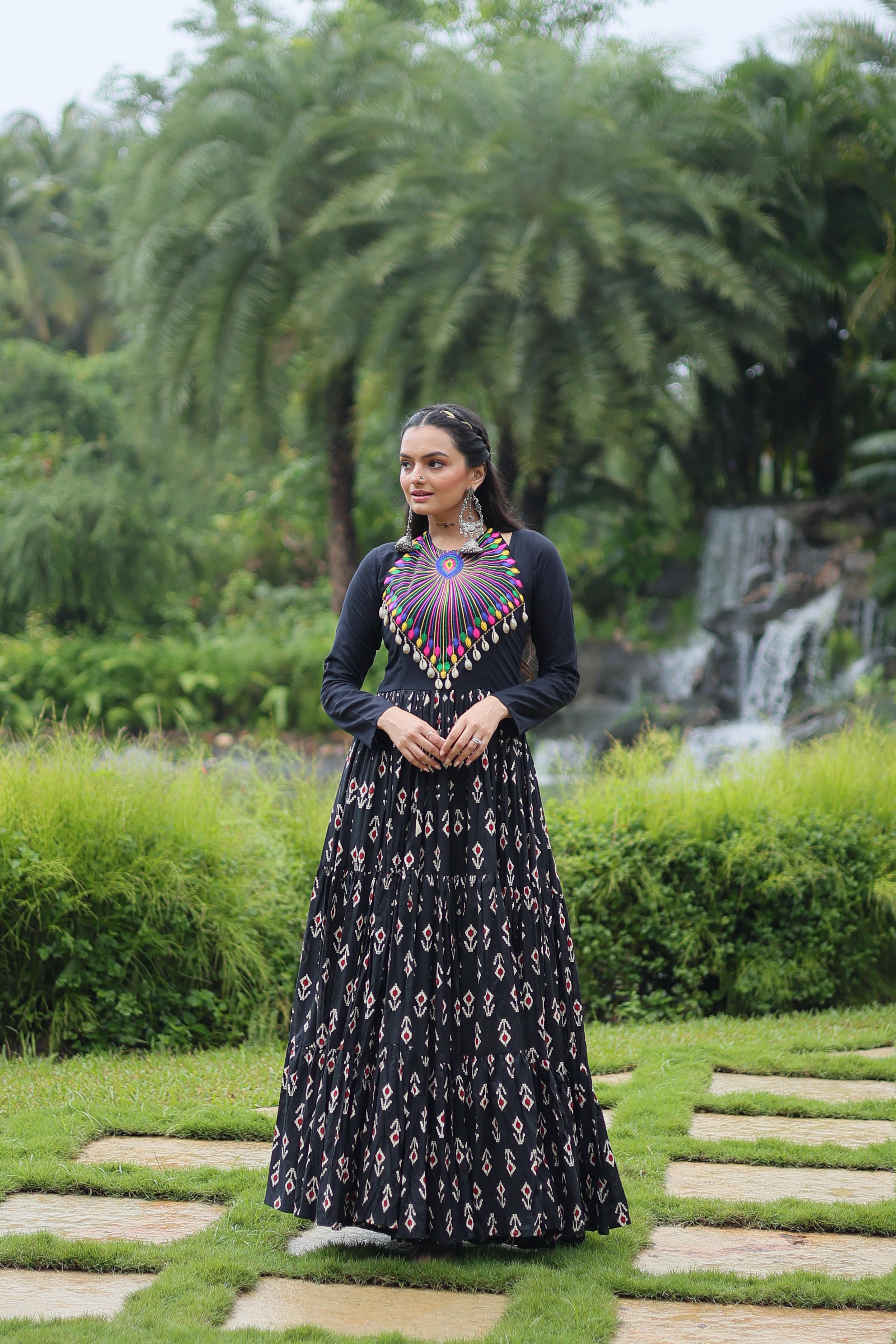 Lorenvalley Black Cotton Printed With Kutchi Gamthi Work and Kodi Lace Gown