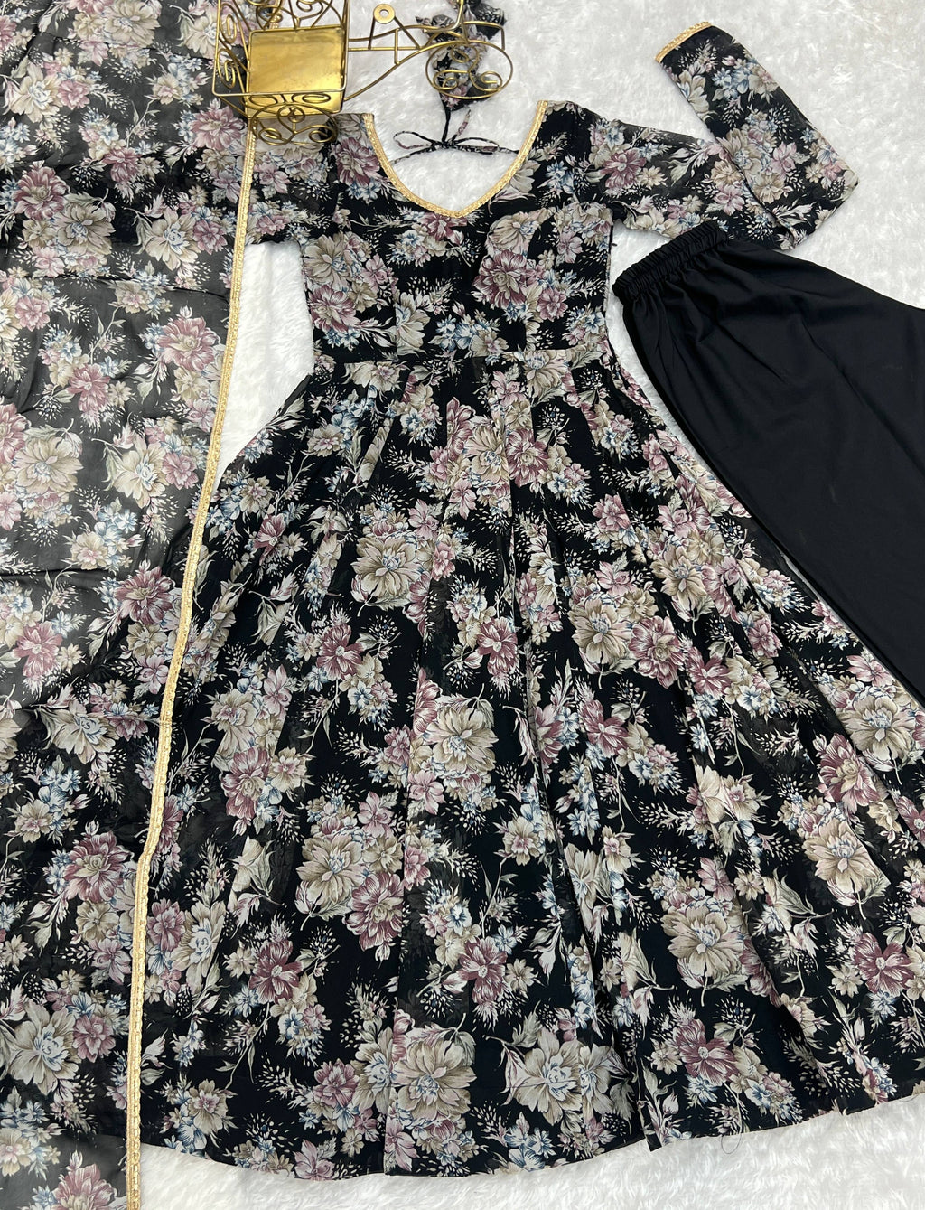 Lorenvalley Pure Faux Georgette Multi Floral Print Fully Flared Anarkali Pant With Dupatta Set - Black