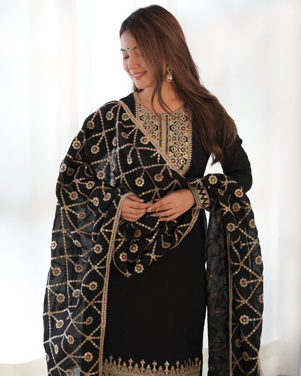 Lorenvalley Black Vichitra Silk Embroidery Sequence and Dori Thread Work Kurta Trousers with Dupatta Set