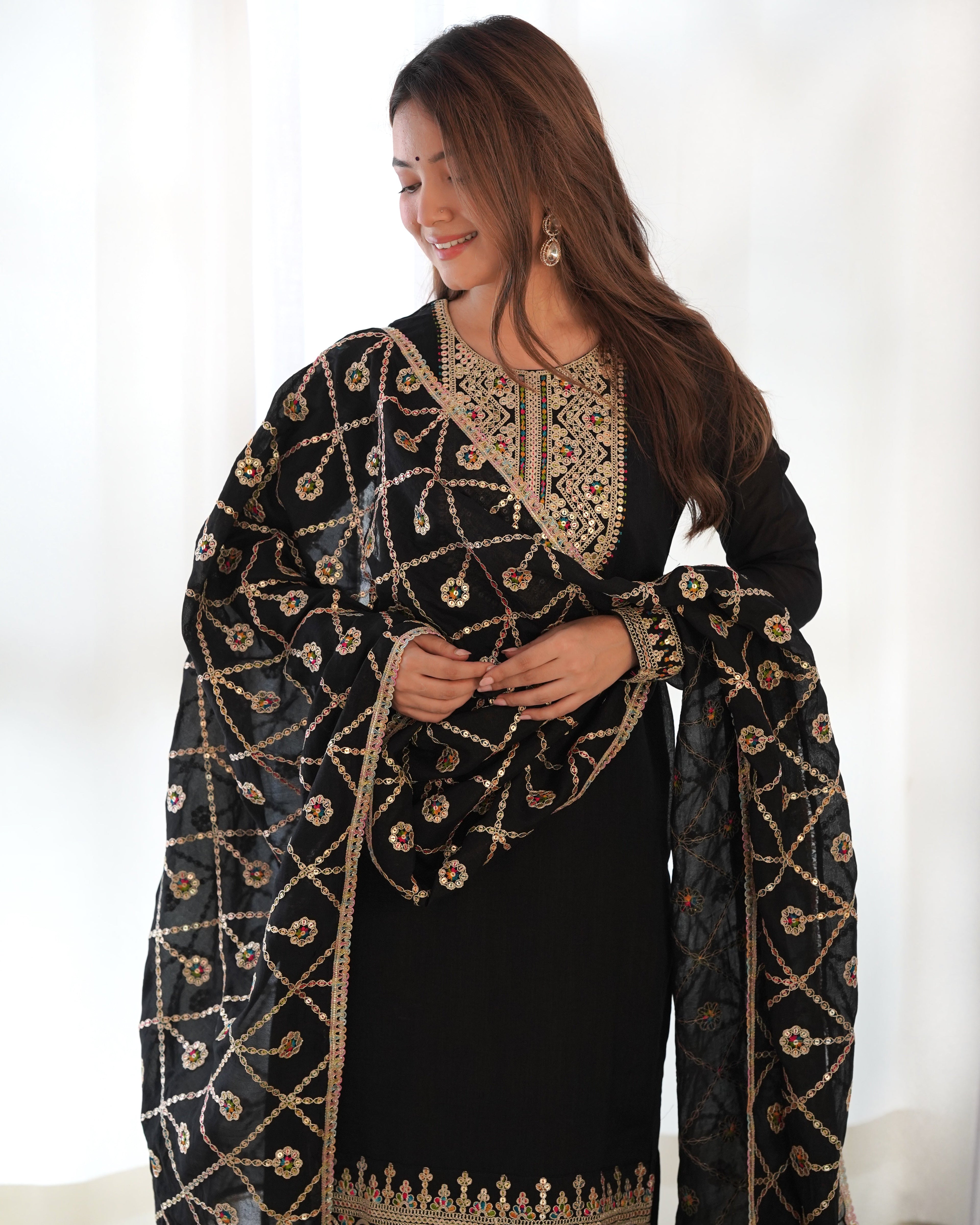 Lorenvalley Black Vichitra Silk Embroidery Sequence and Dori Thread Work Kurta Trousers with Dupatta Set