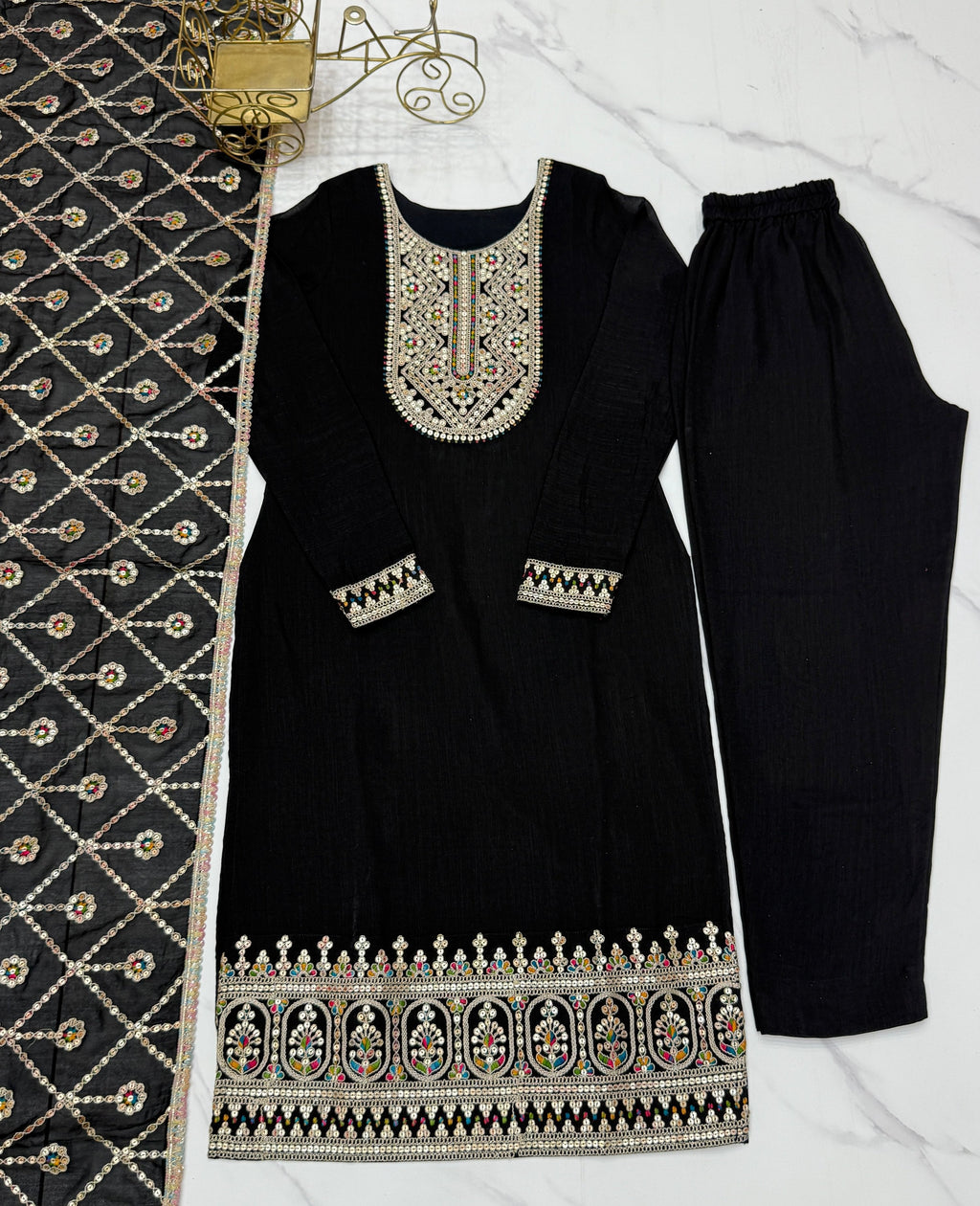Lorenvalley Black Vichitra Silk Embroidery Sequence and Dori Thread Work Kurta Trousers with Dupatta Set