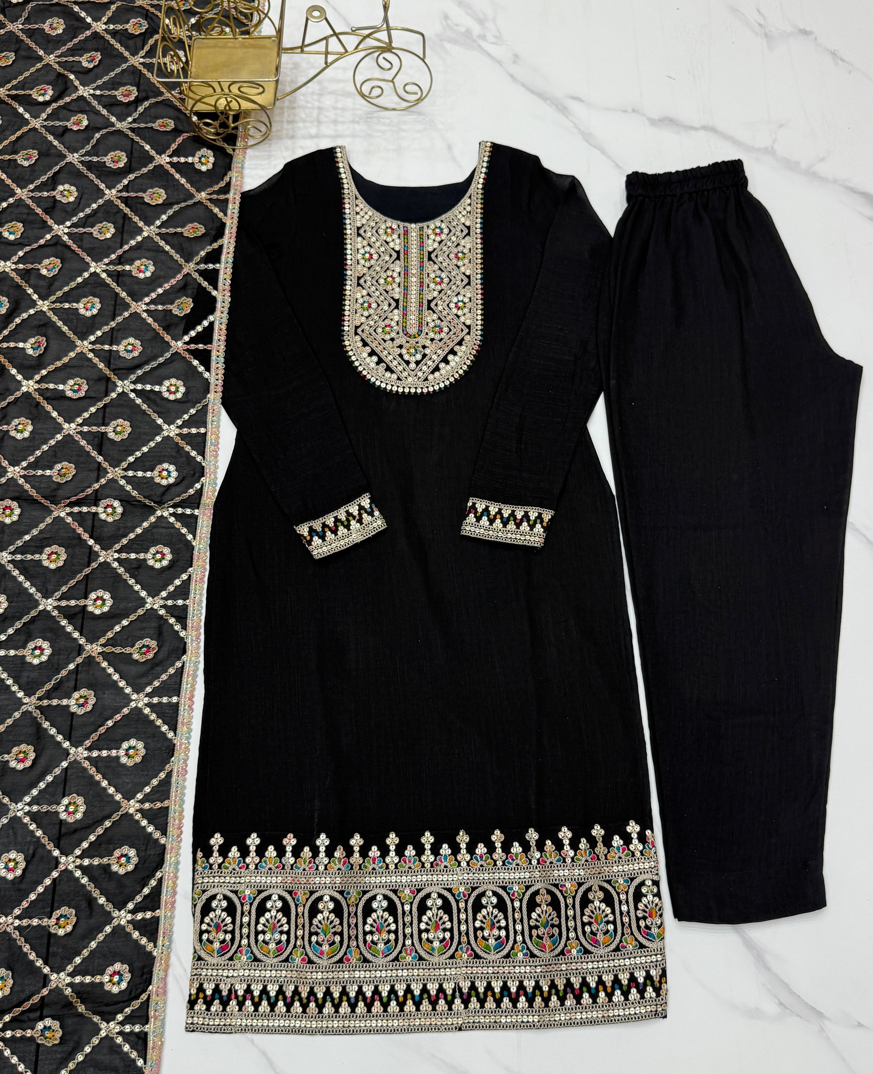 Lorenvalley Black Vichitra Silk Embroidery Sequence and Dori Thread Work Kurta Trousers with Dupatta Set