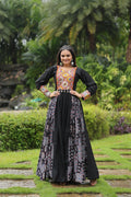 Lorenvalley Black Rayon Contrast of Printed with Kutchi Gamthi work Gown