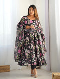 Lorenvalley Soft Organza Silk With Floral Print Fully Flared Anarkali Pant With Dupatta Set - Black
