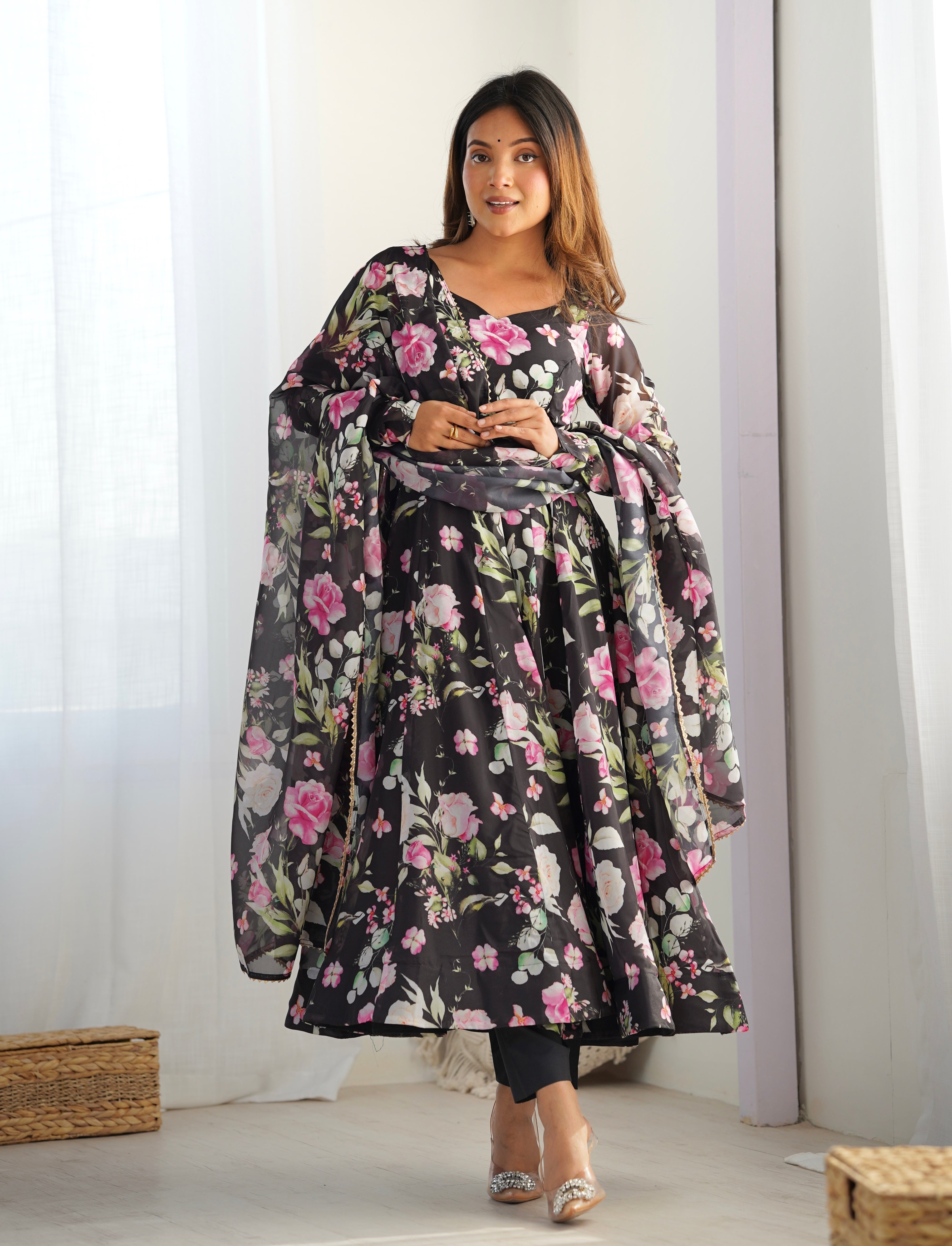 Lorenvalley Soft Organza Silk With Floral Print Fully Flared Anarkali Pant With Dupatta Set - Black