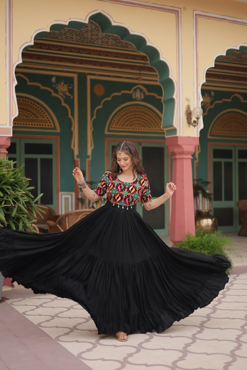 Lorenvalley Black Rayon Fabric with Kutchi Gamthi Kodi work Gown