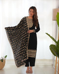 Lorenvalley Black Vichitra Silk Embroidery Sequence and Dori Thread Work Kurta Trousers with Dupatta Set