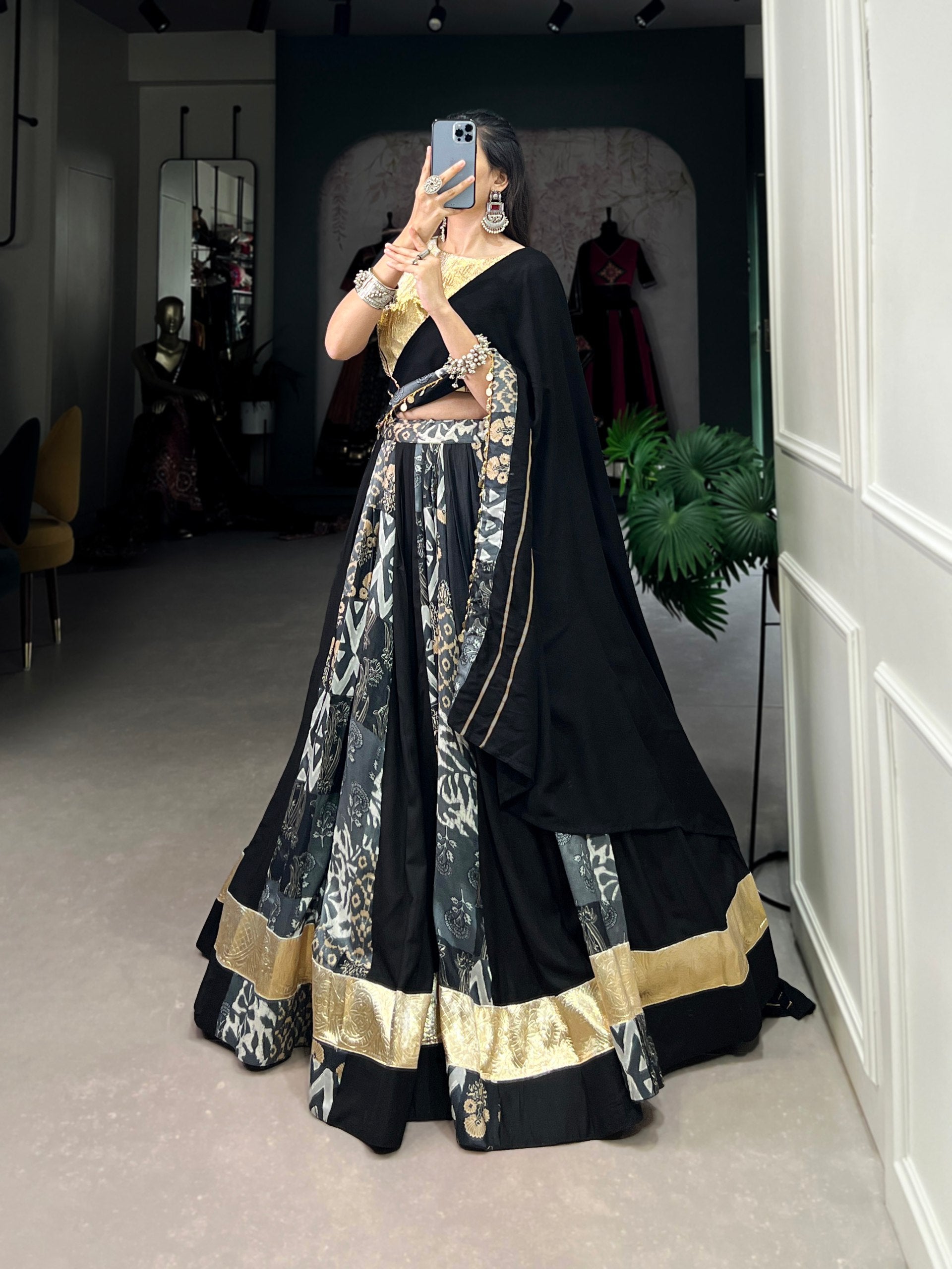 Lorenvalley Black Rayon and Tussar Silk Plain And Printed With Embossed Design Gota Lace Lehenga Choli with Dupatta