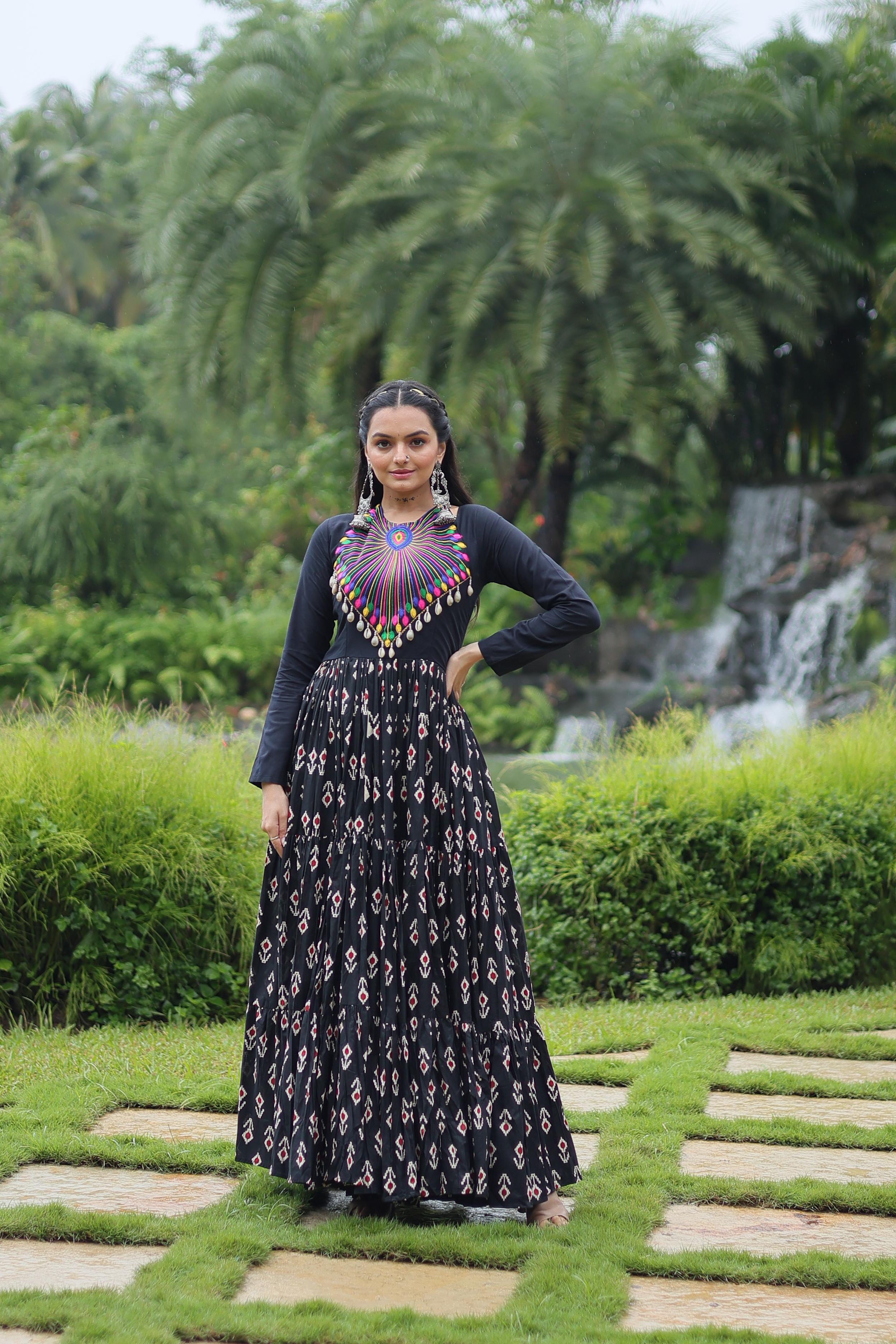 Lorenvalley Black Cotton Printed With Kutchi Gamthi Work and Kodi Lace Gown
