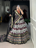 Lorenvalley Black Tussar Silk Leheriya Print with Foil Print and Paper Mirror Work Lace Lehenga Choli with Dupatta