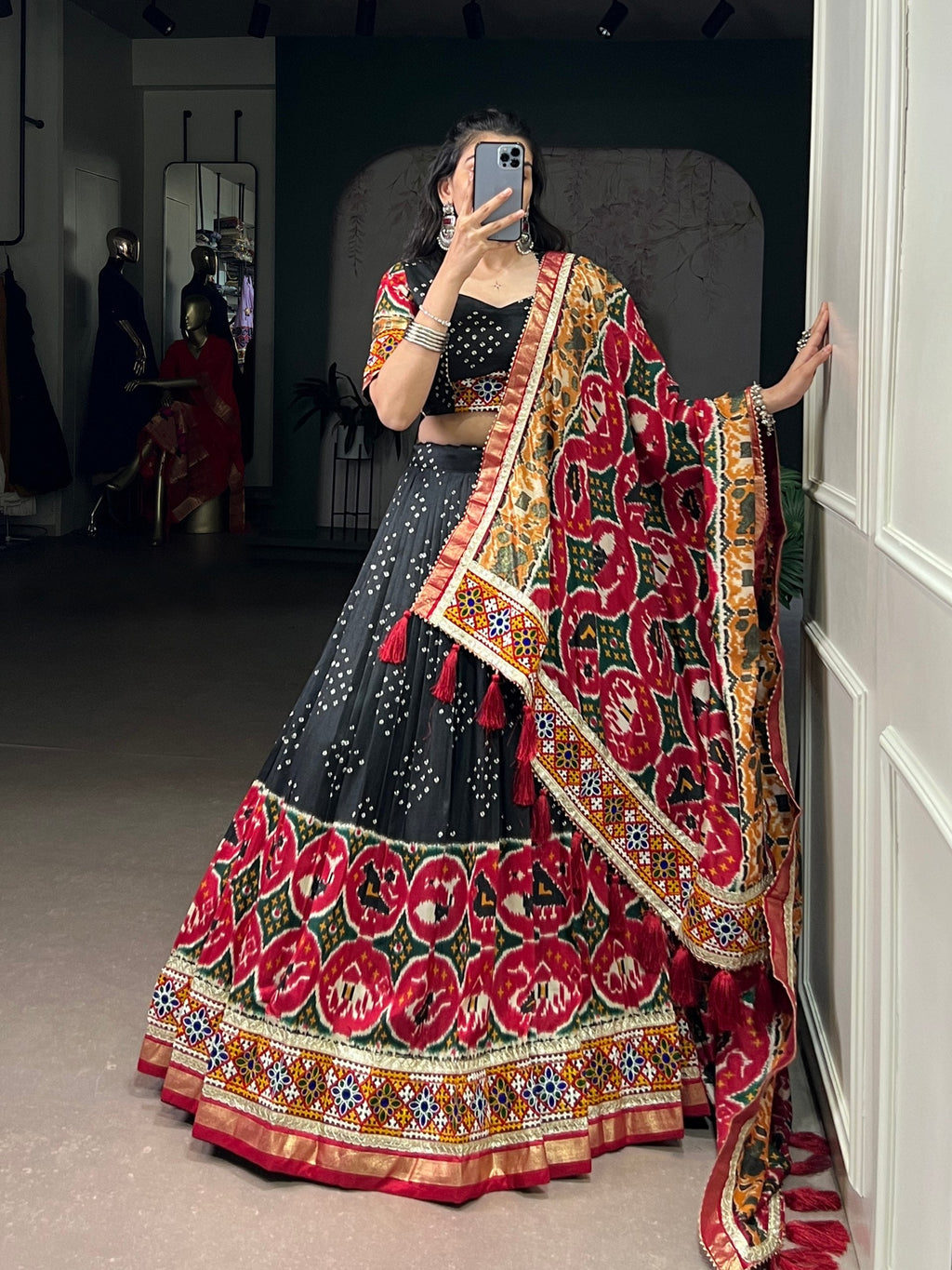 Lorenvalley Fashion Black Tasar Silk Print with Foil Work and Real Mirror Gamthi Work with Lace Touch Up Lehenga Choli with Dupatta