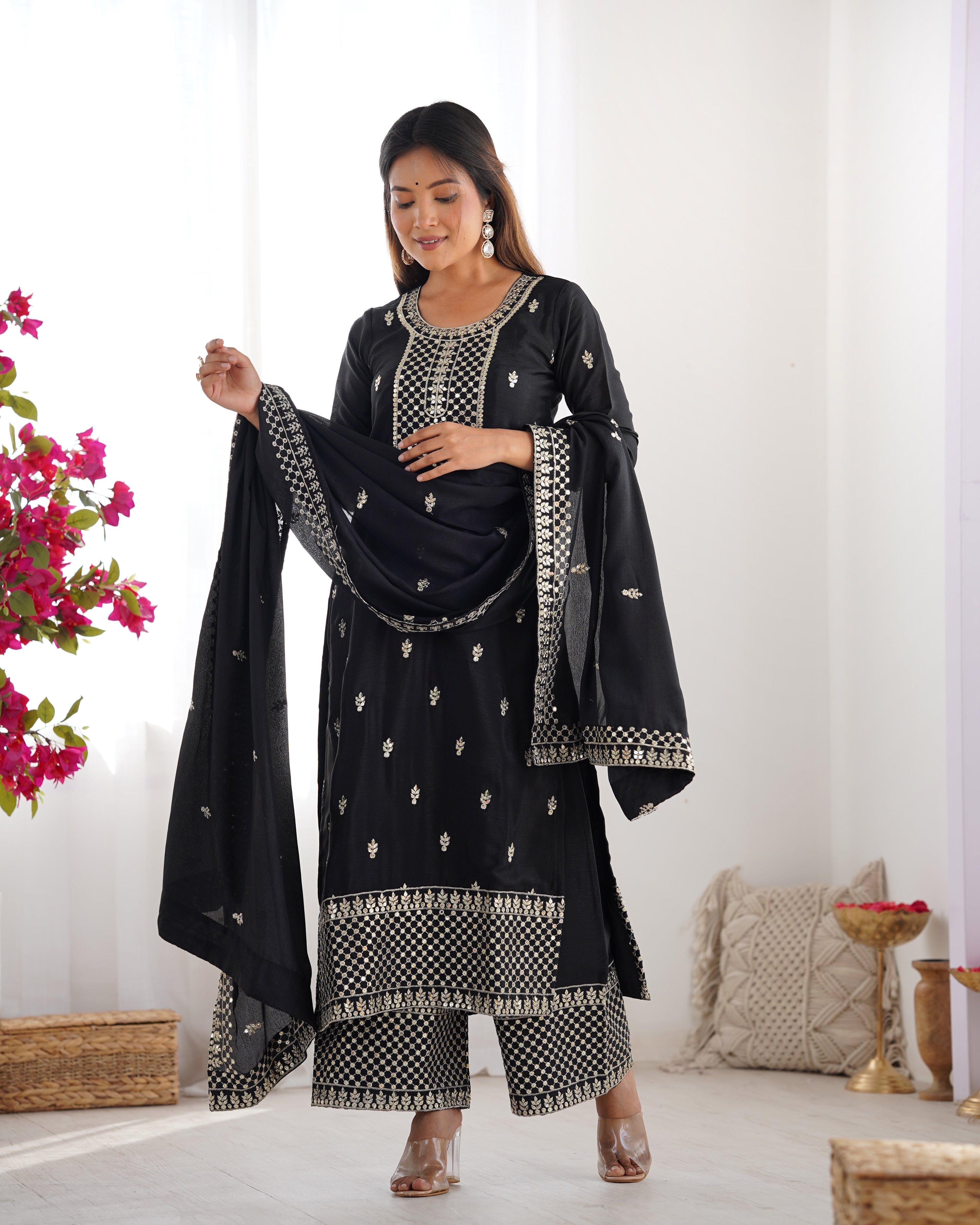 Lorenvalley Black Chinon Silk Embroidery Sequence and Jari Work Kurta Trousers with Dupatta Set