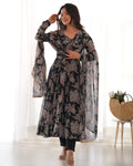 Lorenvalley Pure Faux Georgette Multi Floral Print Fully Flared Anarkali Pant With Dupatta Set - Black