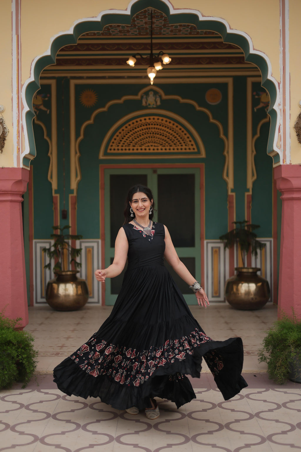 Lorenvalley Black Rayon Fabric with Printed Attached In Frill And Neck Gown