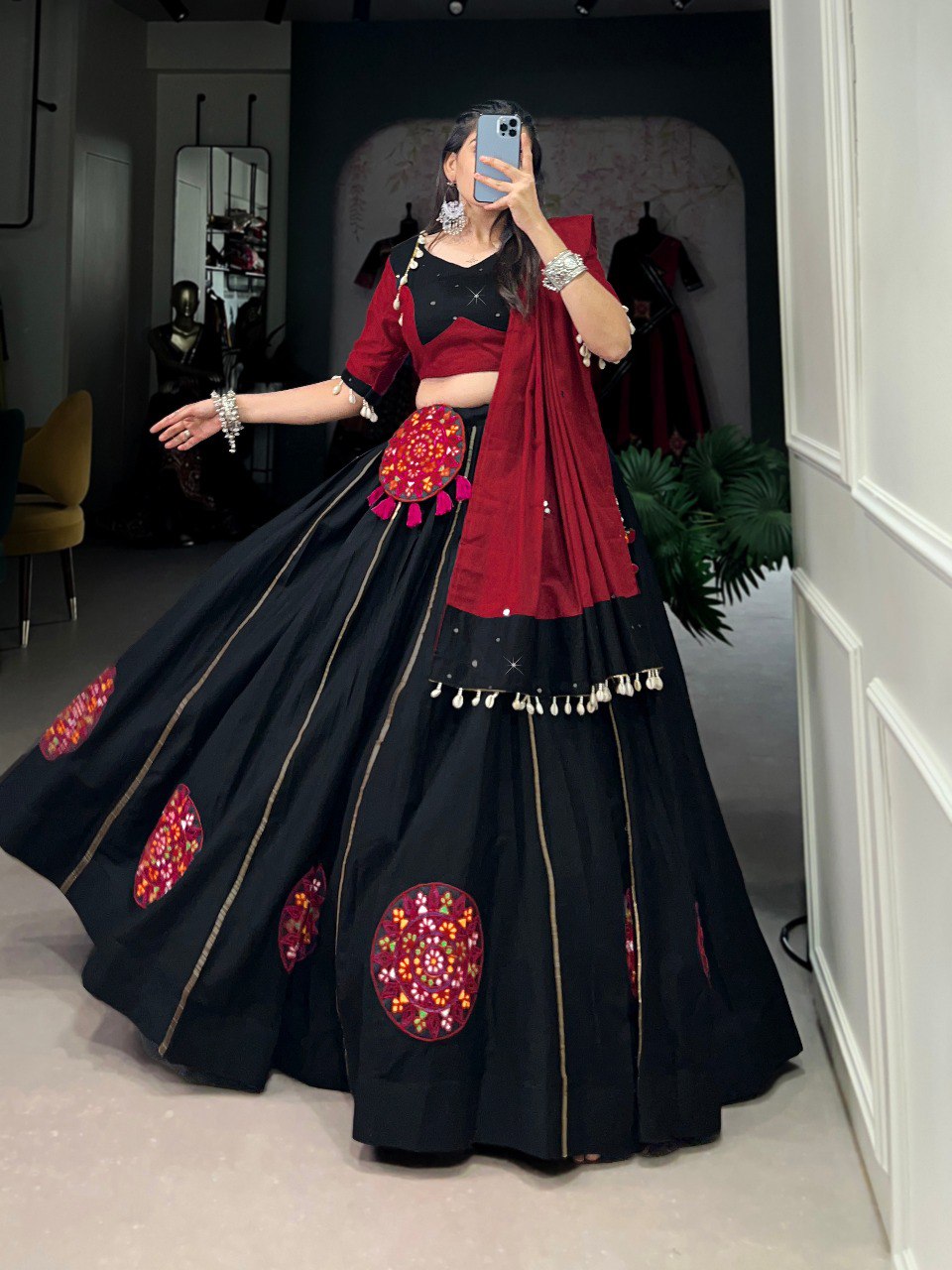 Lorenvalley Black Pure Cotton Plain And Gamthi Patch Work With Gota Patti Lehenga Choli with Dupatta
