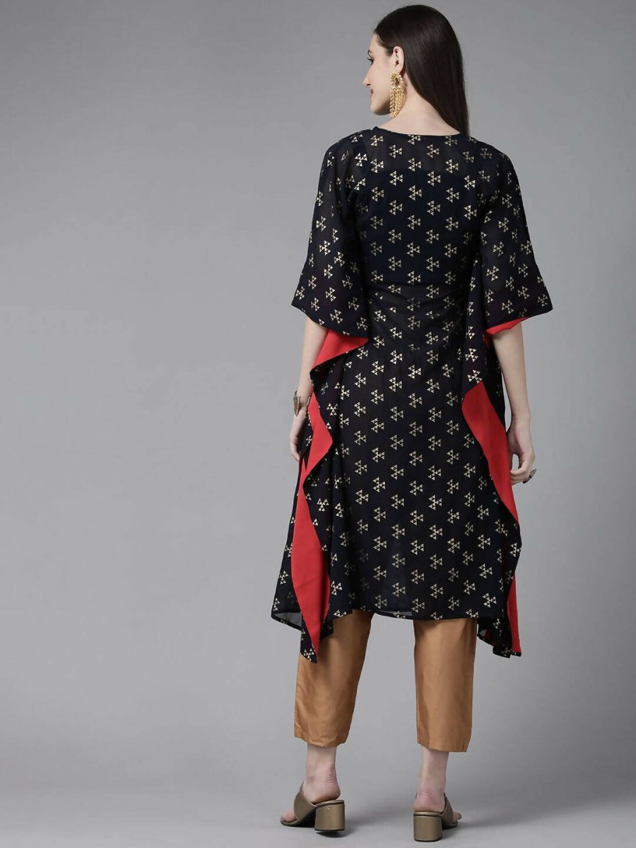 Ahalyaa Women Navy Blue Georgette Gold Printed Kaftan Kurta