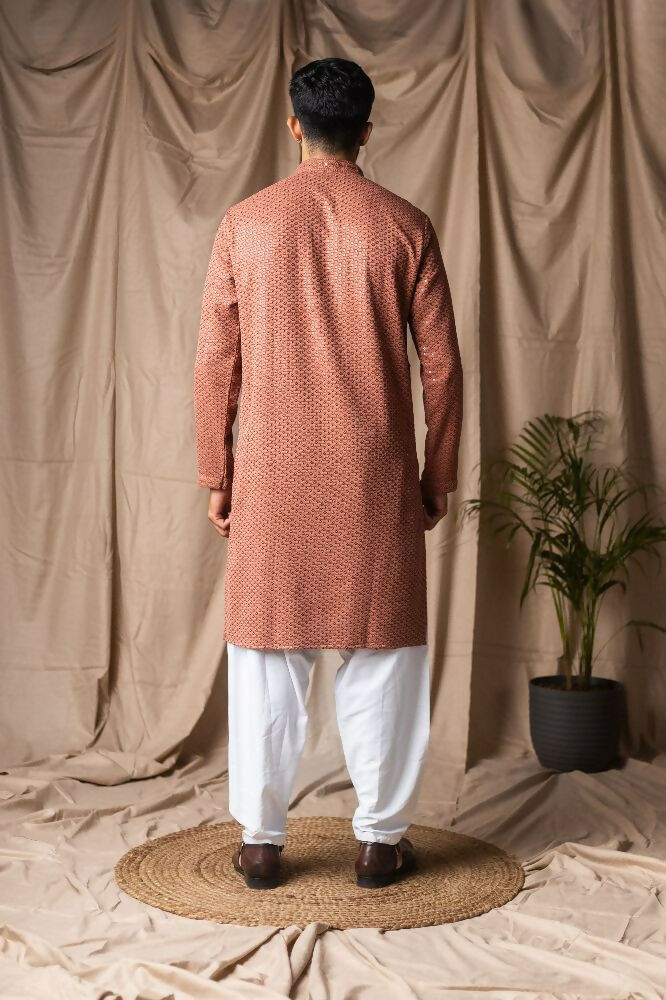 Reddish Orange Rayon Thread Embroidery Work Kurta Set - Mahotsav