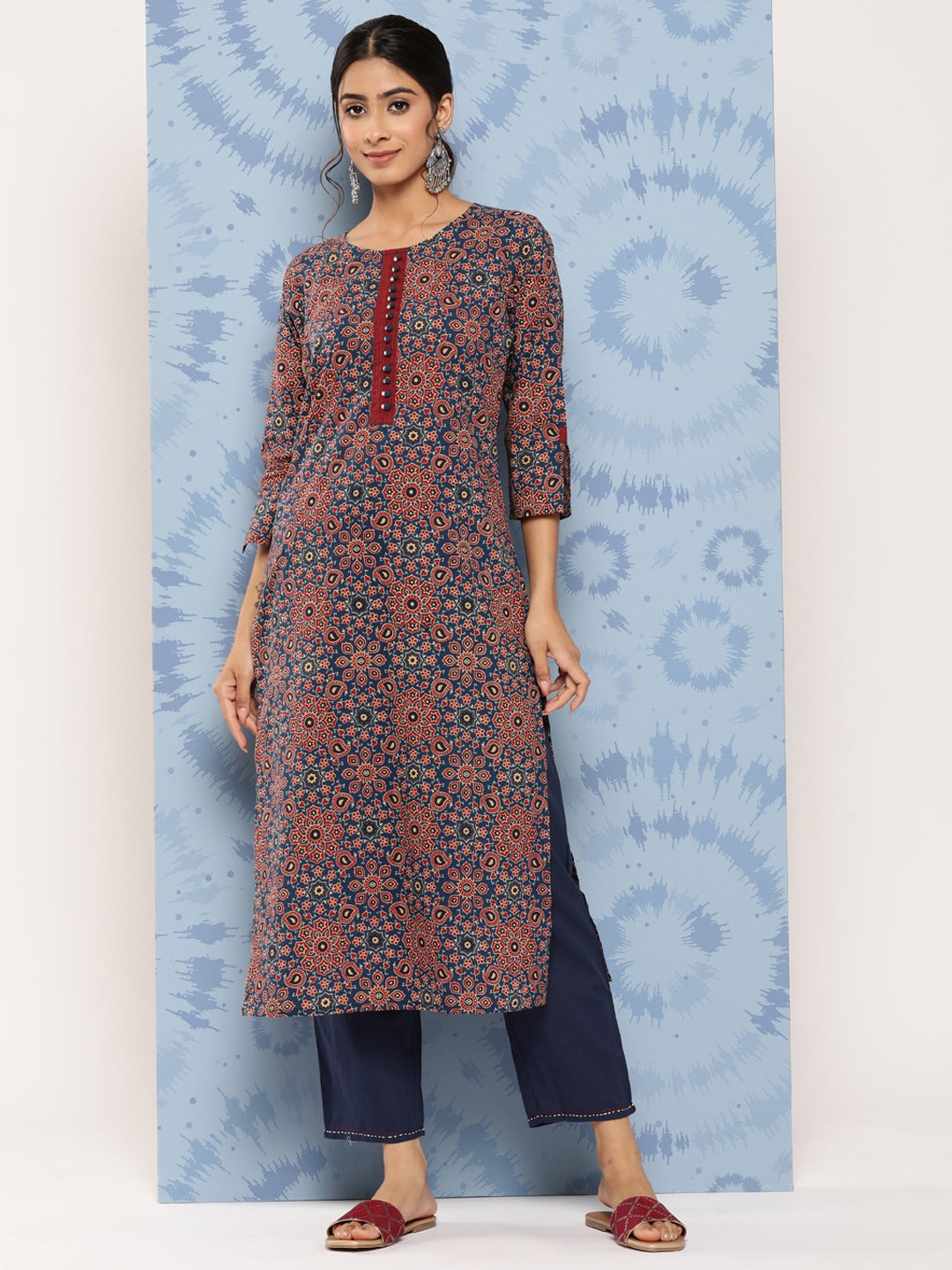 Yufta Blue Ajrak Printed Kurta Set