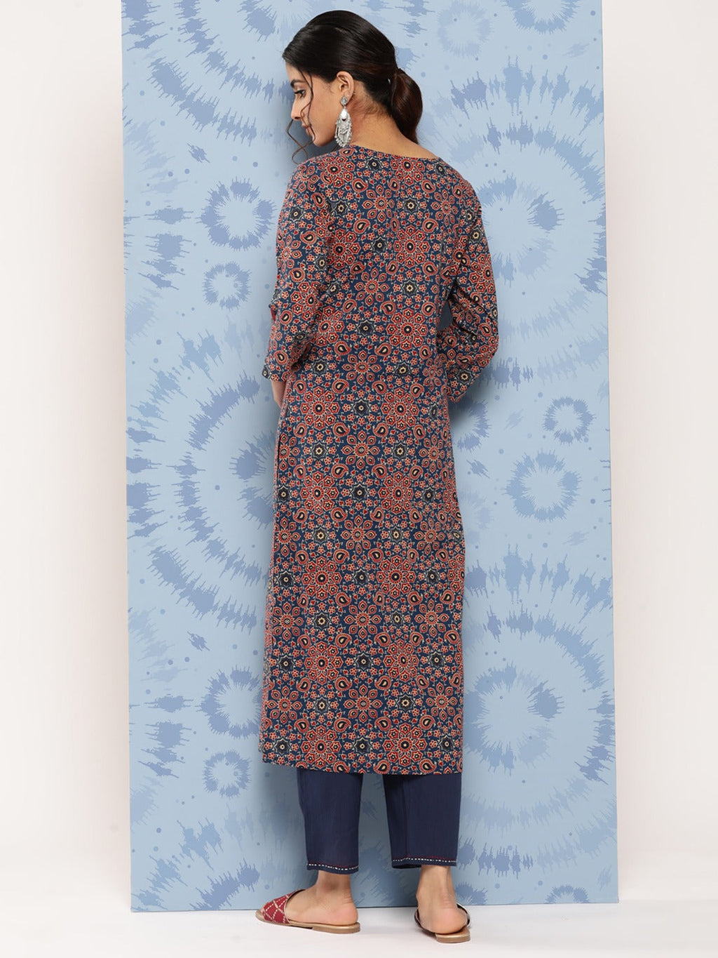 Yufta Blue Ajrak Printed Kurta Set