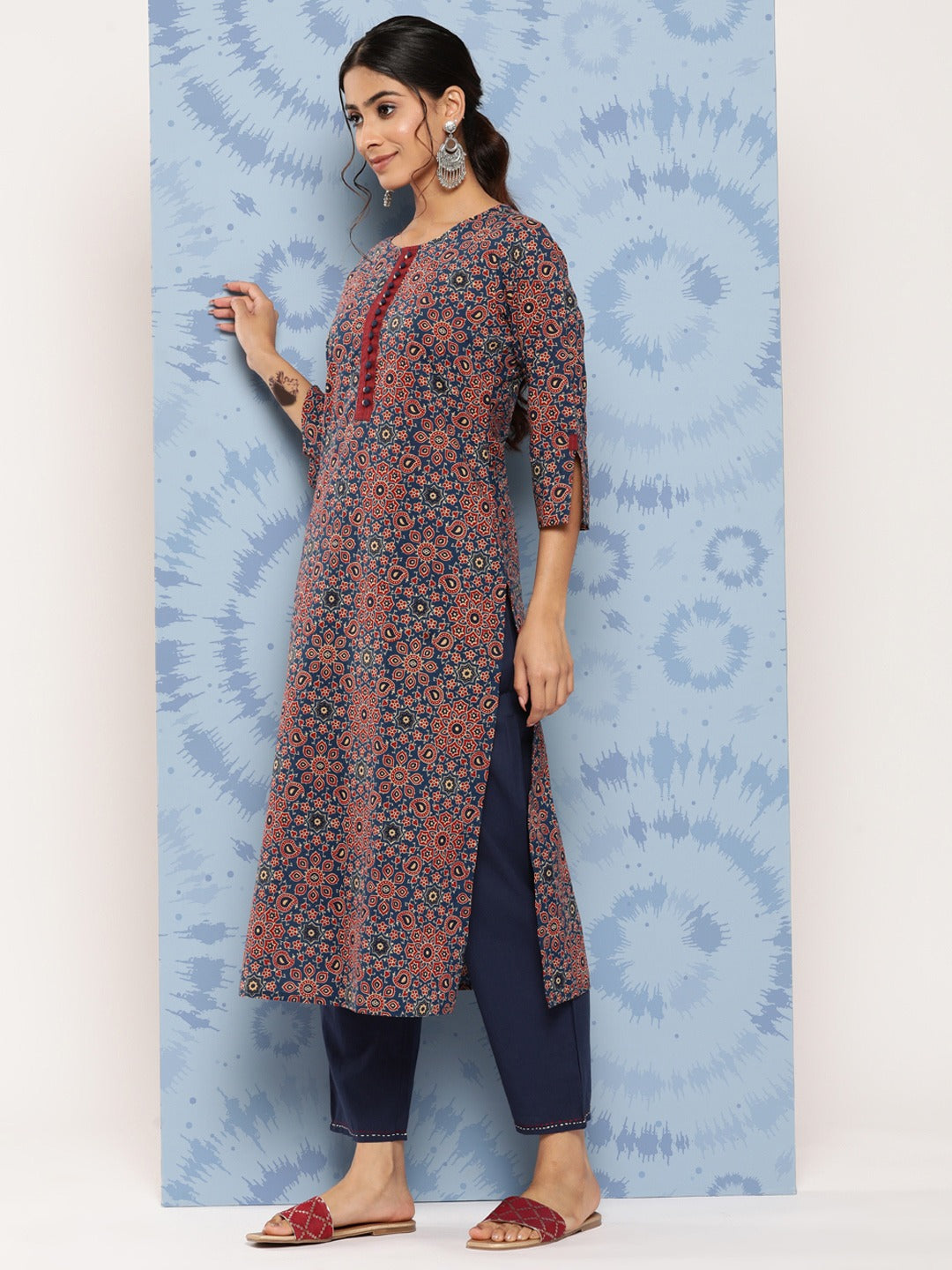 Yufta Blue Ajrak Printed Kurta Set