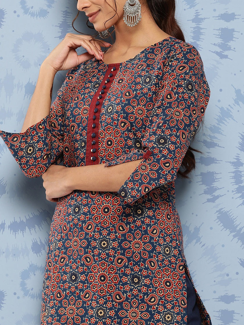Yufta Blue Ajrak Printed Kurta Set