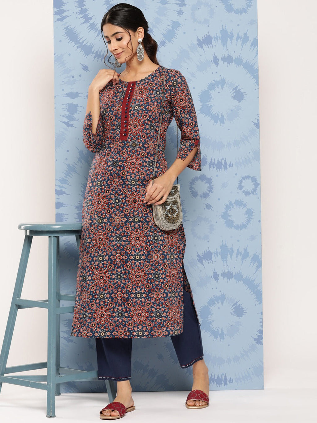 Yufta Blue Ajrak Printed Kurta Set