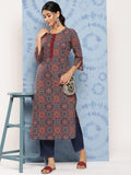 Yufta Blue Ajrak Printed Kurta Set