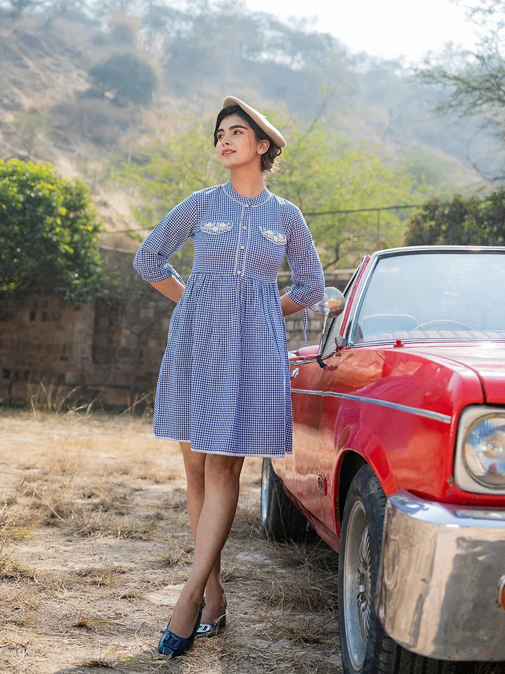 Yufta Blue Cotton Check Short Dress