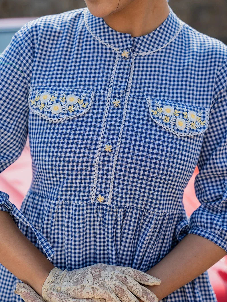 Yufta Blue Cotton Check Short Dress