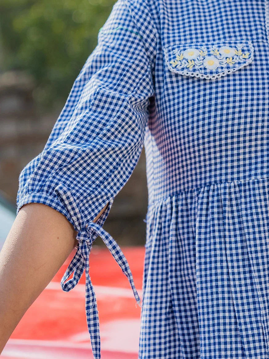 Yufta Blue Cotton Check Short Dress