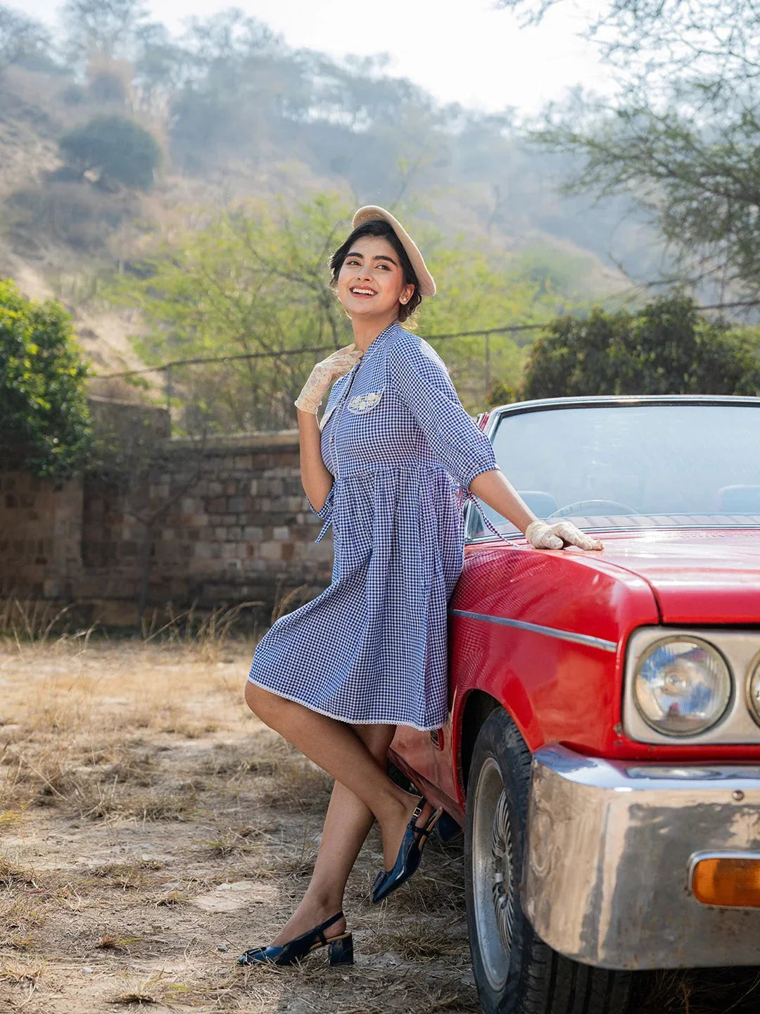 Yufta Blue Cotton Check Short Dress