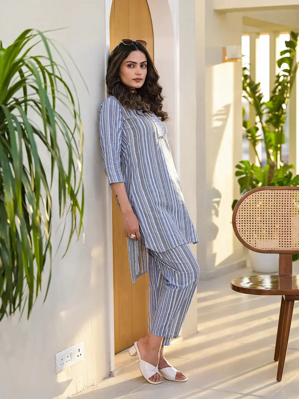 Yufta Blue Cotton Striped Print Co-Ord Set