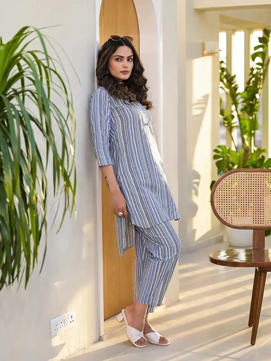 Yufta Blue Cotton Striped Print Co-Ord Set