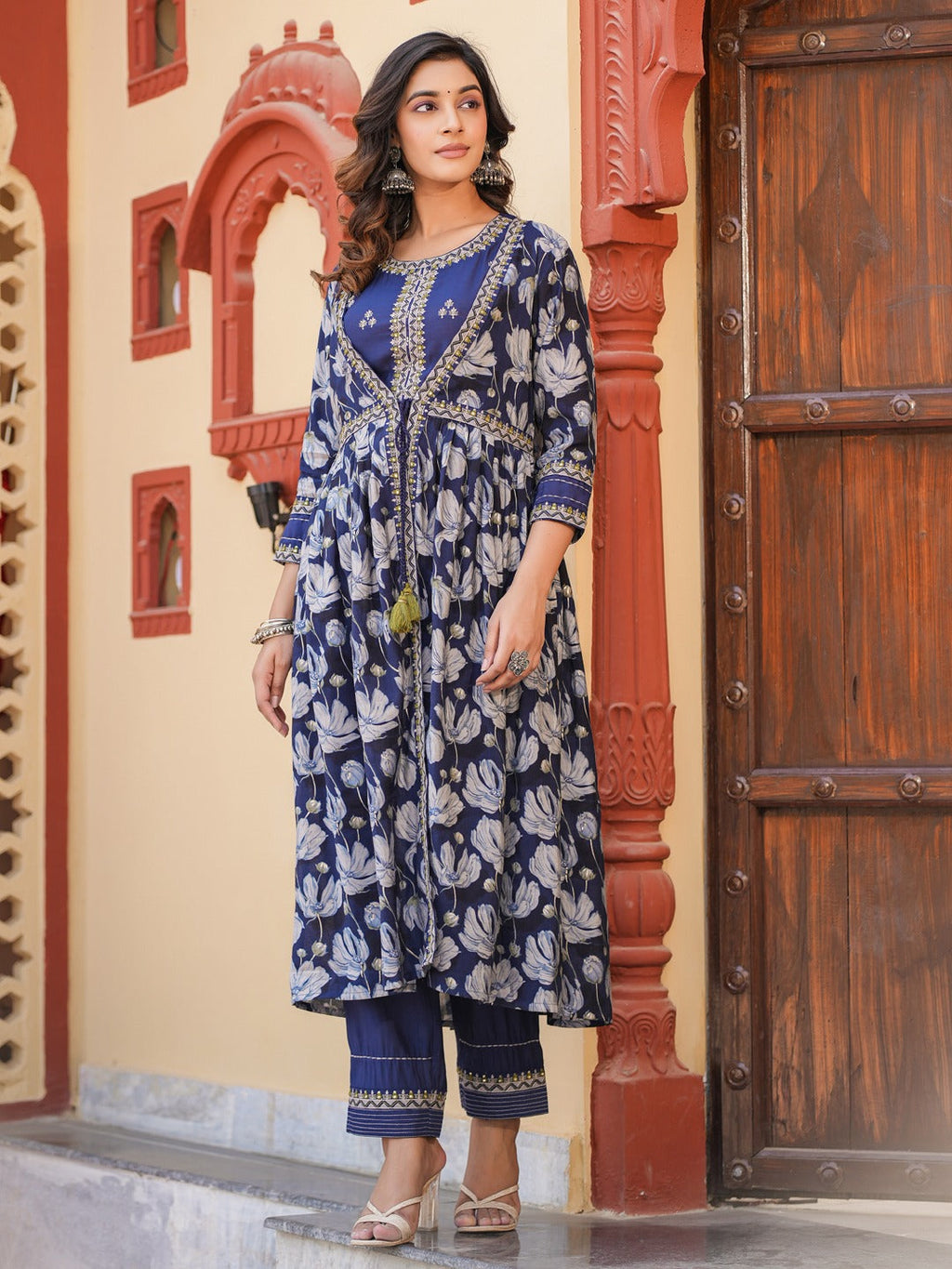 Yufta Blue Embroidered shrug Crop top co ord set