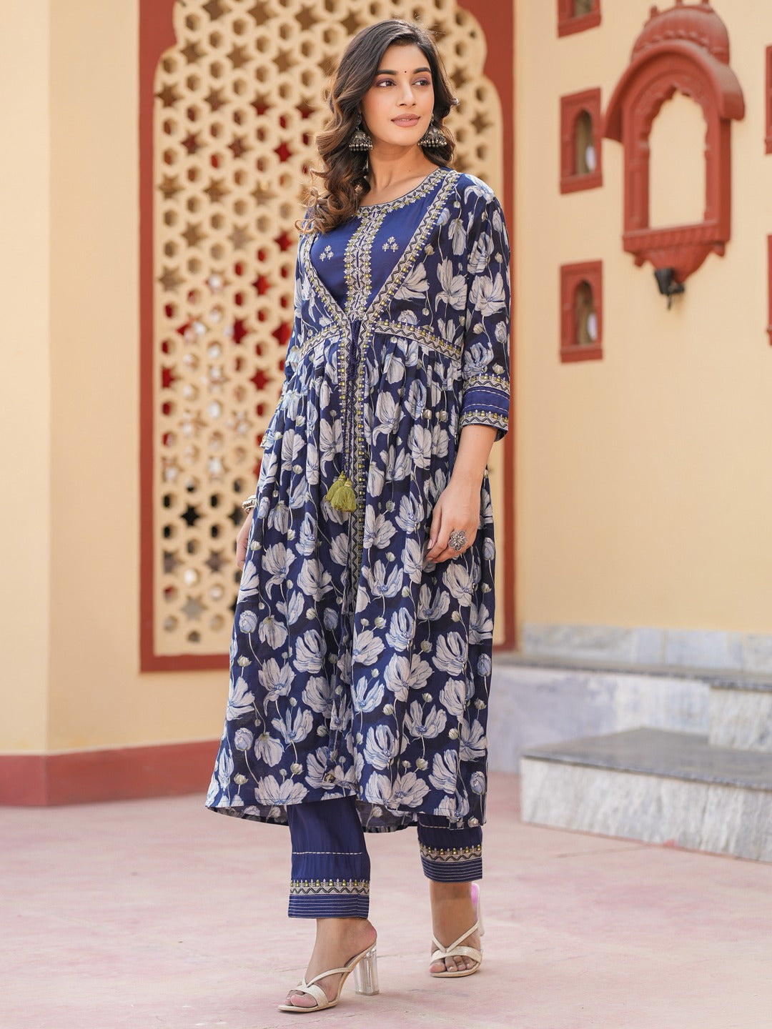 Yufta Blue Embroidered shrug Crop top co ord set