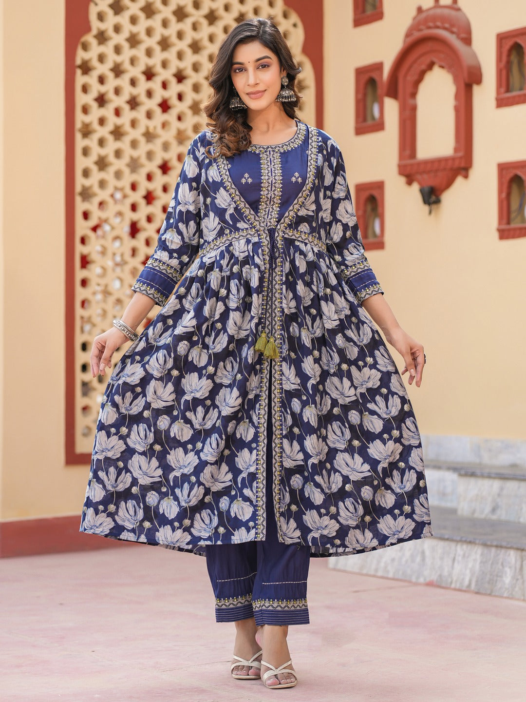 Yufta Blue Embroidered shrug Crop top co ord set