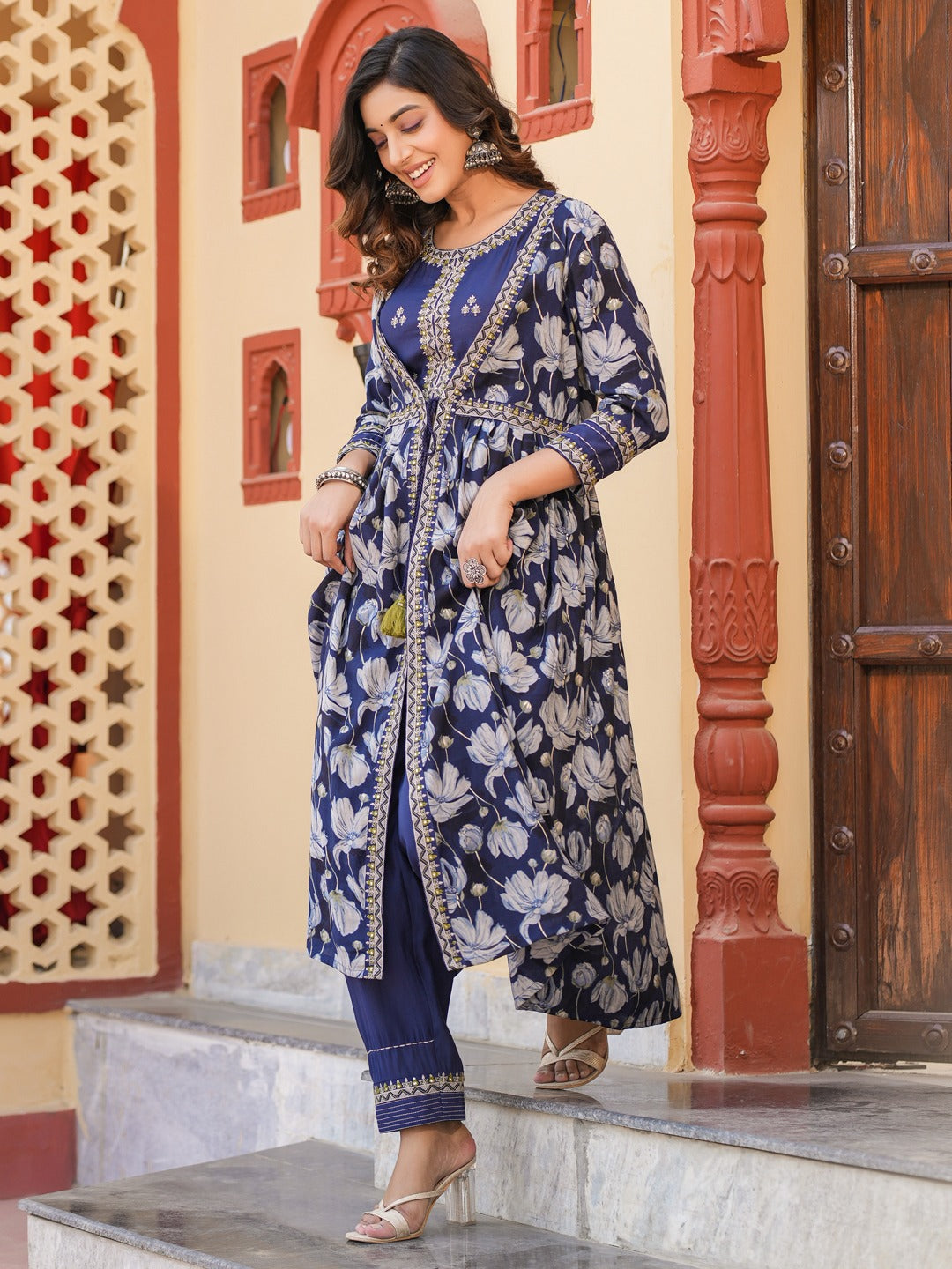 Yufta Blue Embroidered shrug Crop top co ord set
